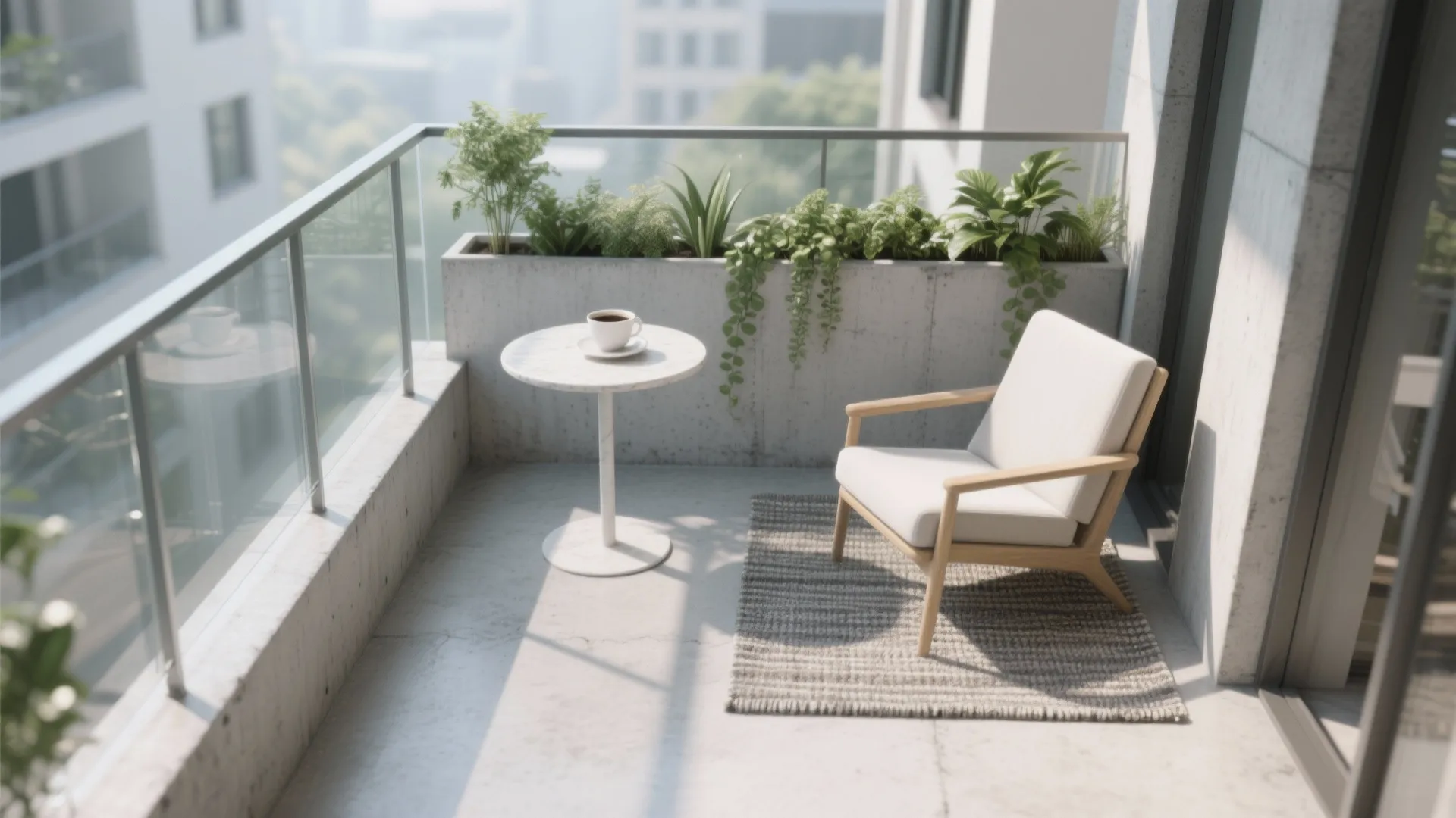 Minimalist balcony space with white chair, marble side table, grey rug, and concrete plant box
