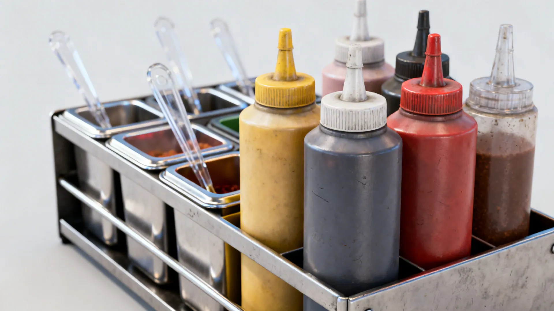 Close-up of a modular condiment rail with prioritized placement for high-use items.