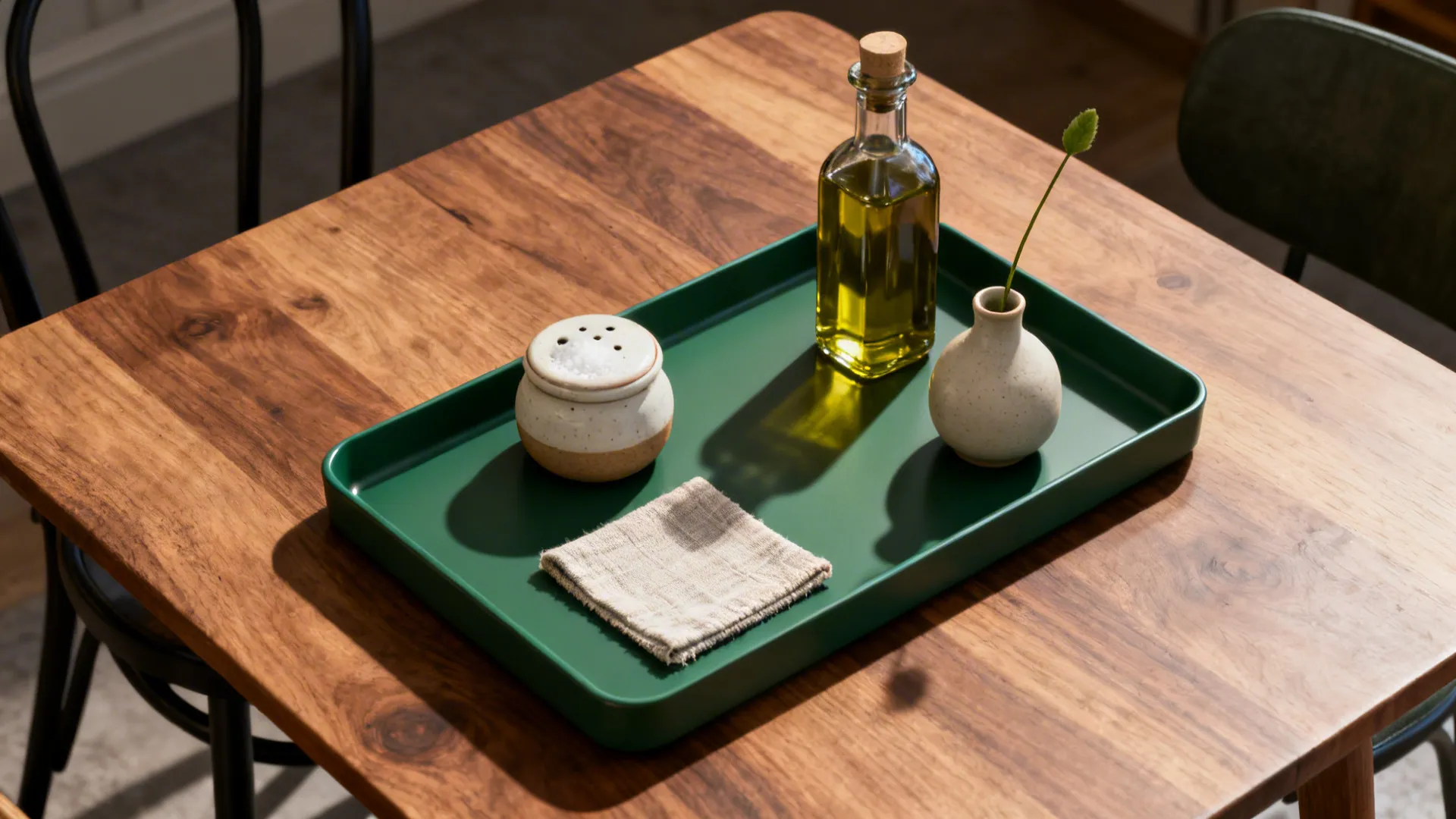 Top-down view of a multi-use tray with condiments and a small vase on a compact table.