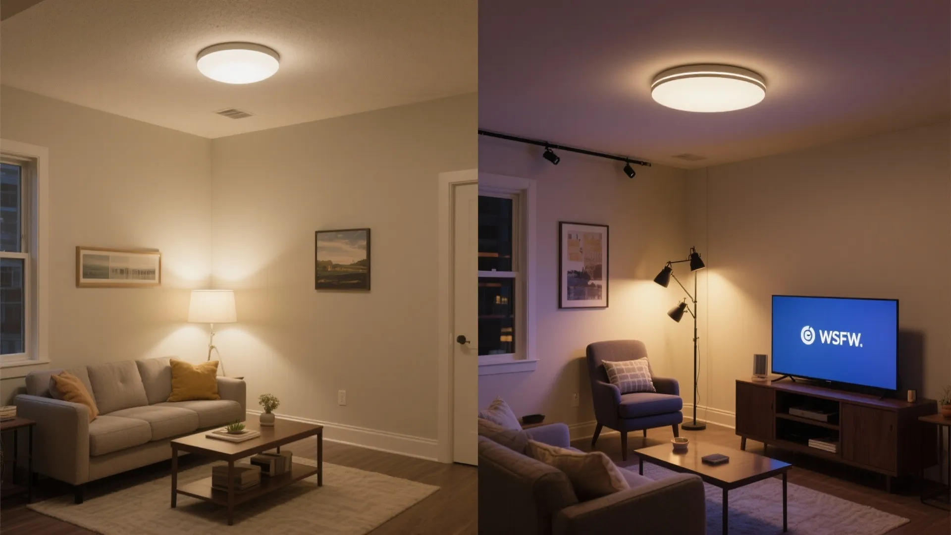 Side by side comparison of a living room showing different lighting setups with ceiling light