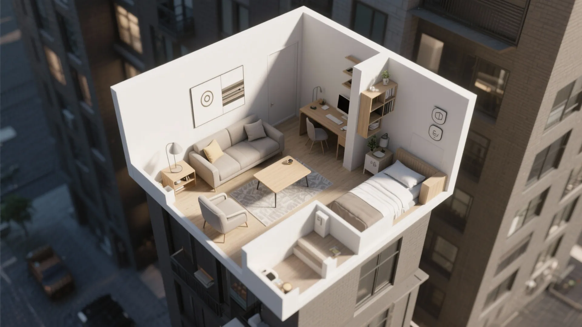 Interior design drawing of a tiny studio apartment with sofa bed desk and coffee table