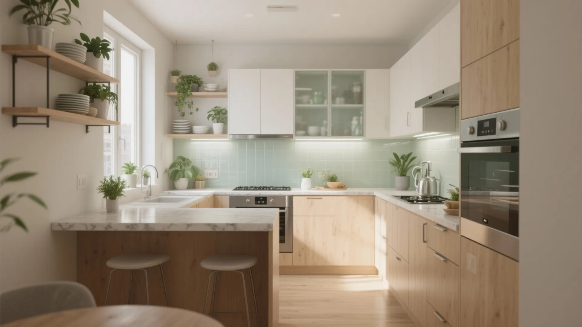 Modern bright kitchen with light wood cabinets marble countertop white walls and small green potted plants