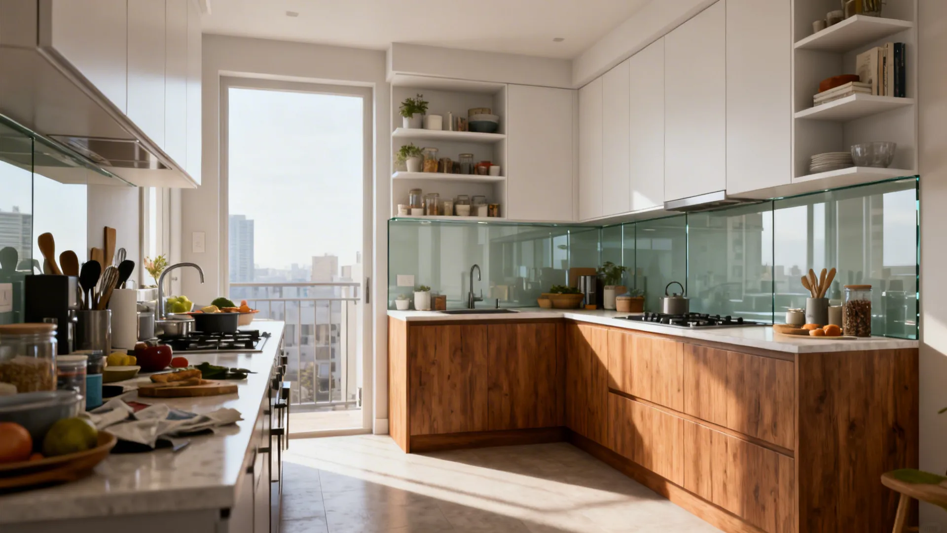 L-shaped kitchen with wood cabinets glass backsplash marble countertops balcony door and city view outside