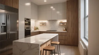 Modern Kitchen with Marble Island and Wood Accent