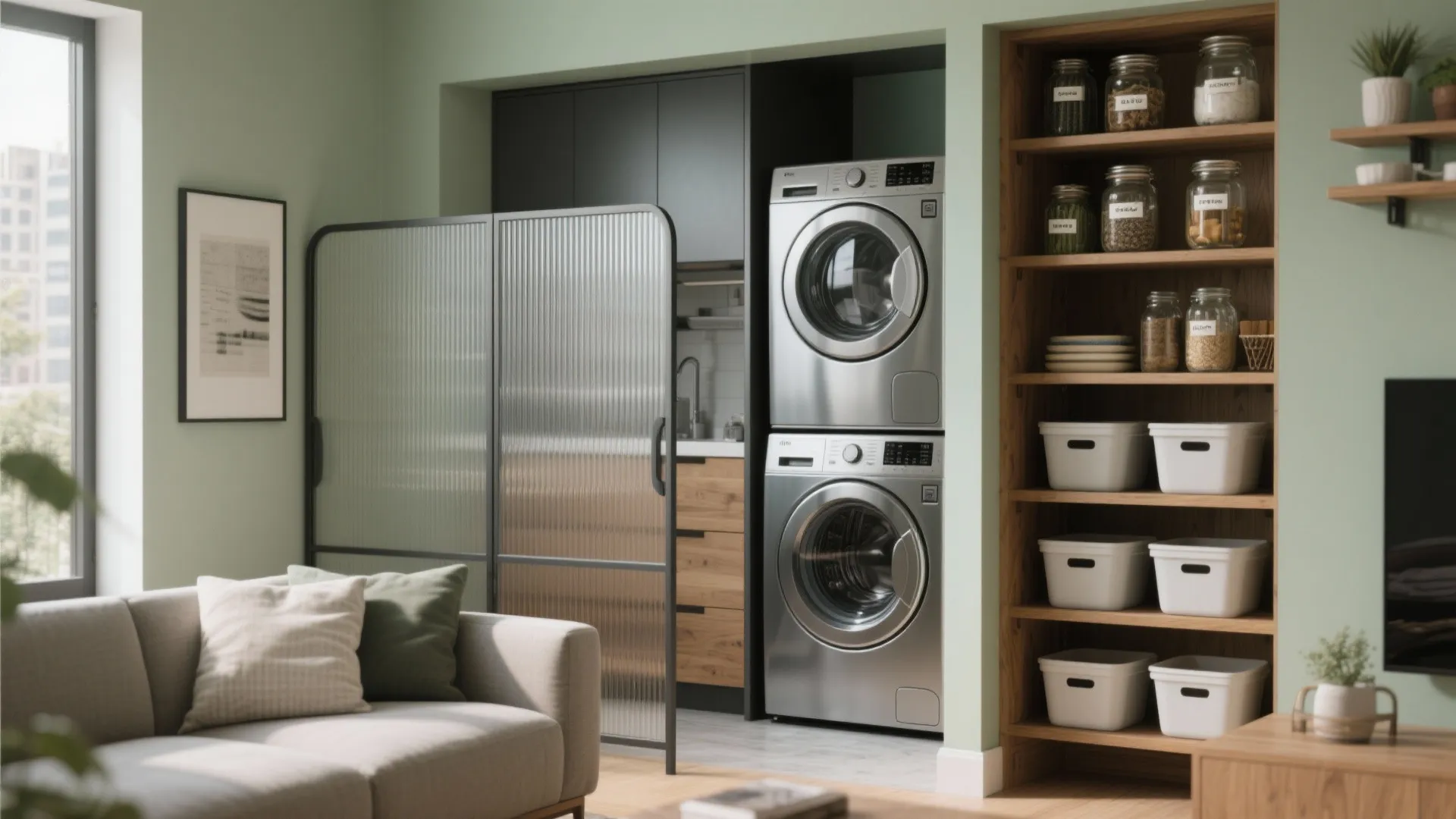 Modern apartment interior with glass divider separating green living room from stacked silver laundry machines
