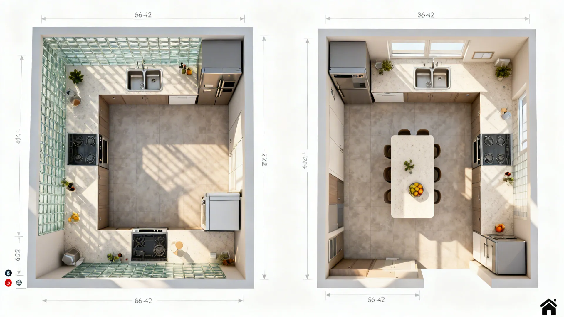 Top-down comparison of an L-shaped kitchen and a single-wall with island, with clear aisle spacing.