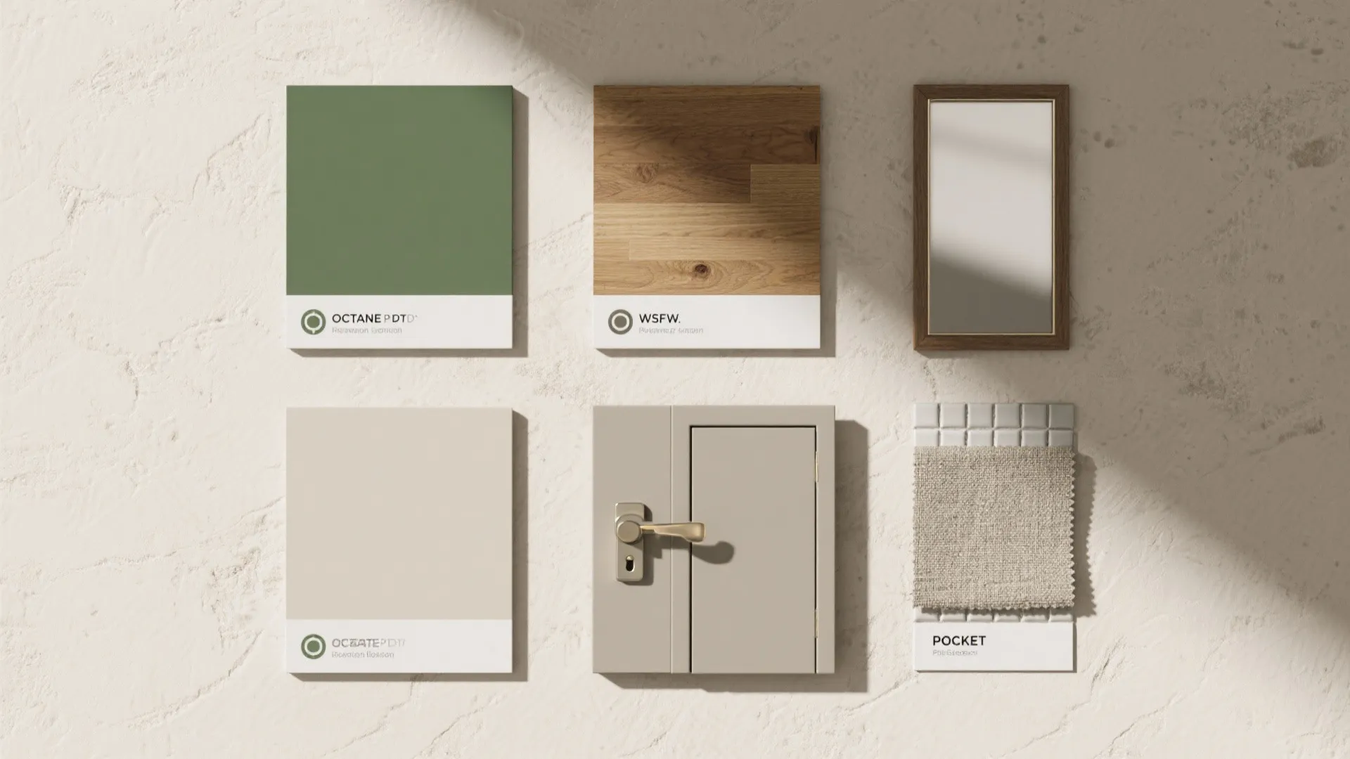 Interior design moodboard with green and beige color swatches, wood floor samples, and fabric texture