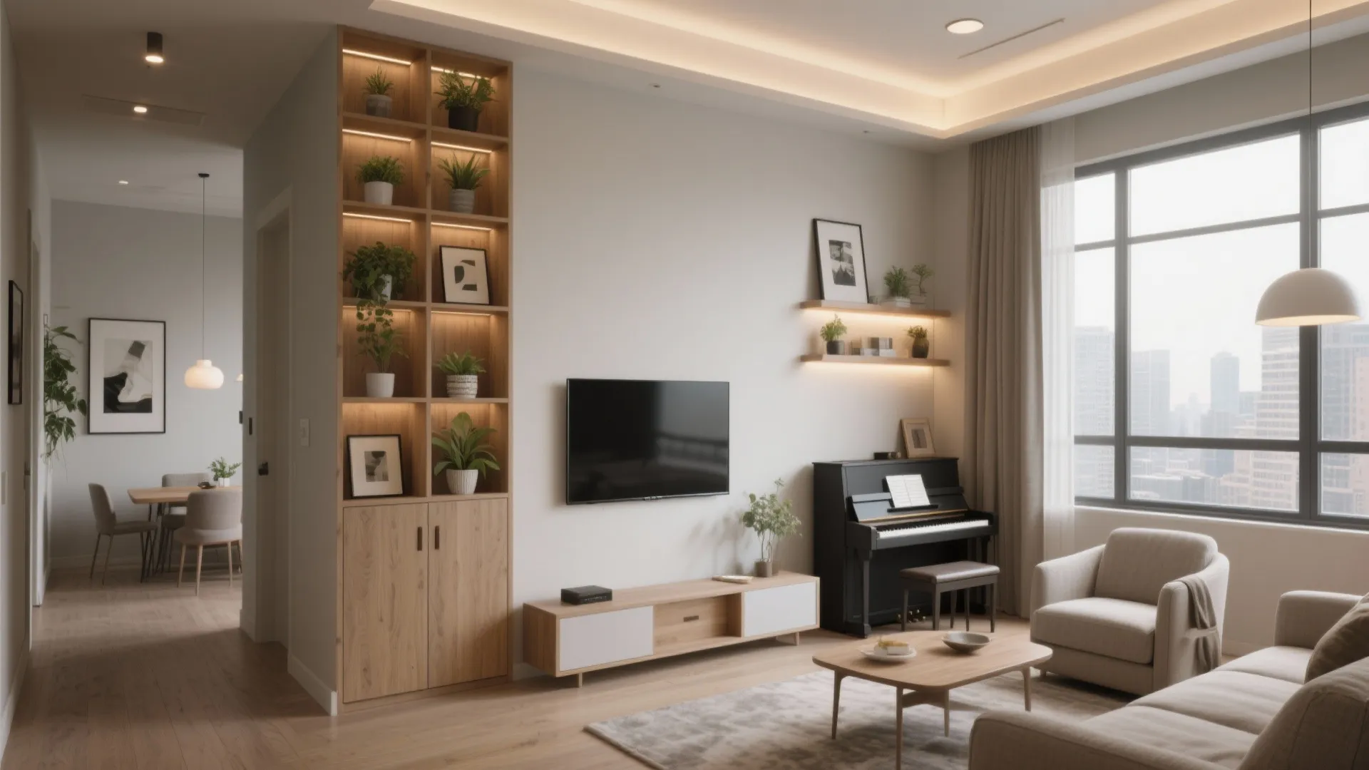 Modern living room with wooden shelving unit, black piano, grey sofa, and large city windows