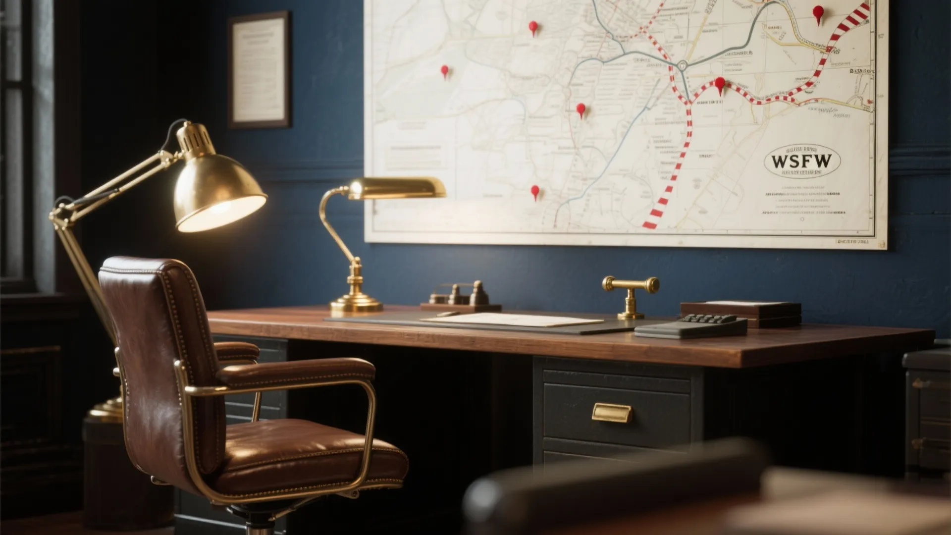 Dark blue study room featuring wooden desk brown leather chair brass lamp and wall map