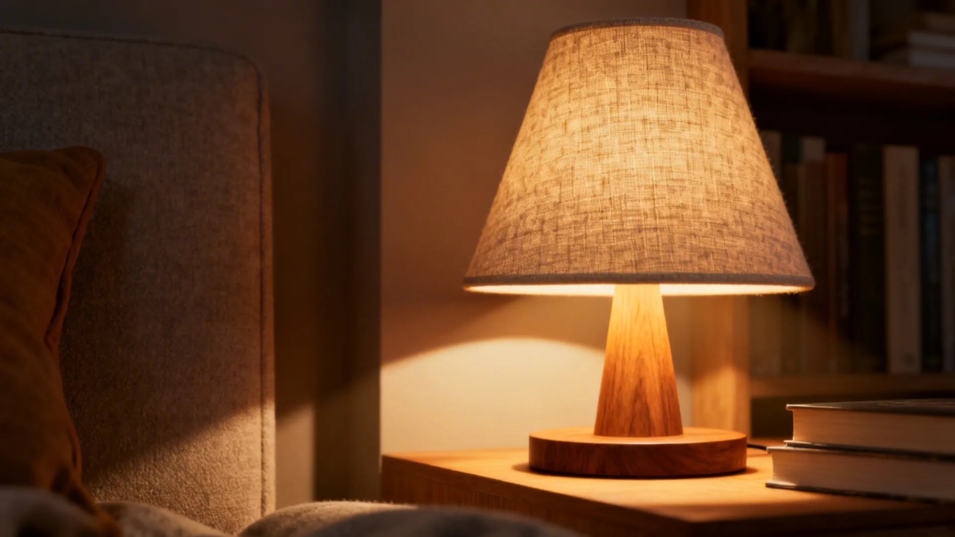 Wooden table lamp with fabric shade on a wooden bedside table next to stacked books