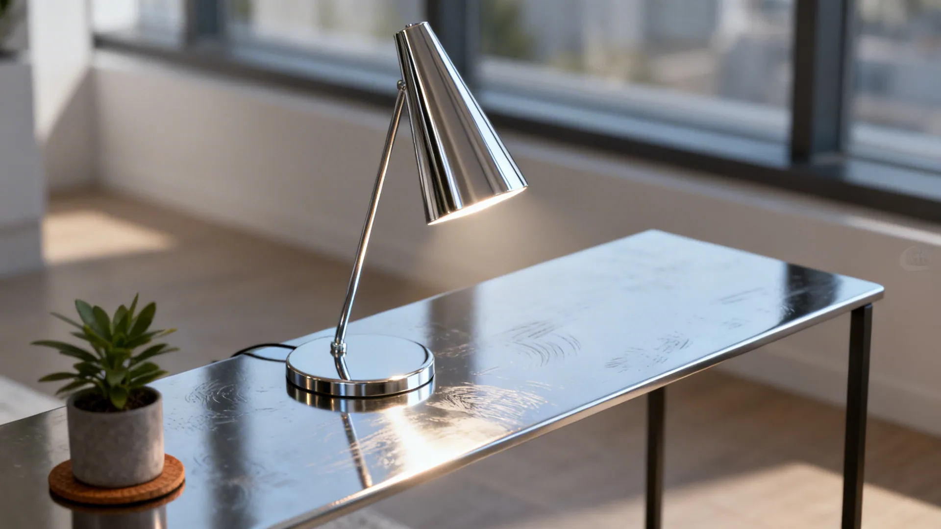 Slim polished chrome cone-shade lamp casting focused light on a narrow side table.