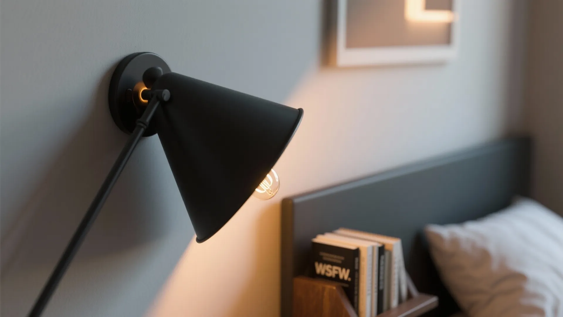 Black cone shaped wall light fixed above a bed with books and a white pillow