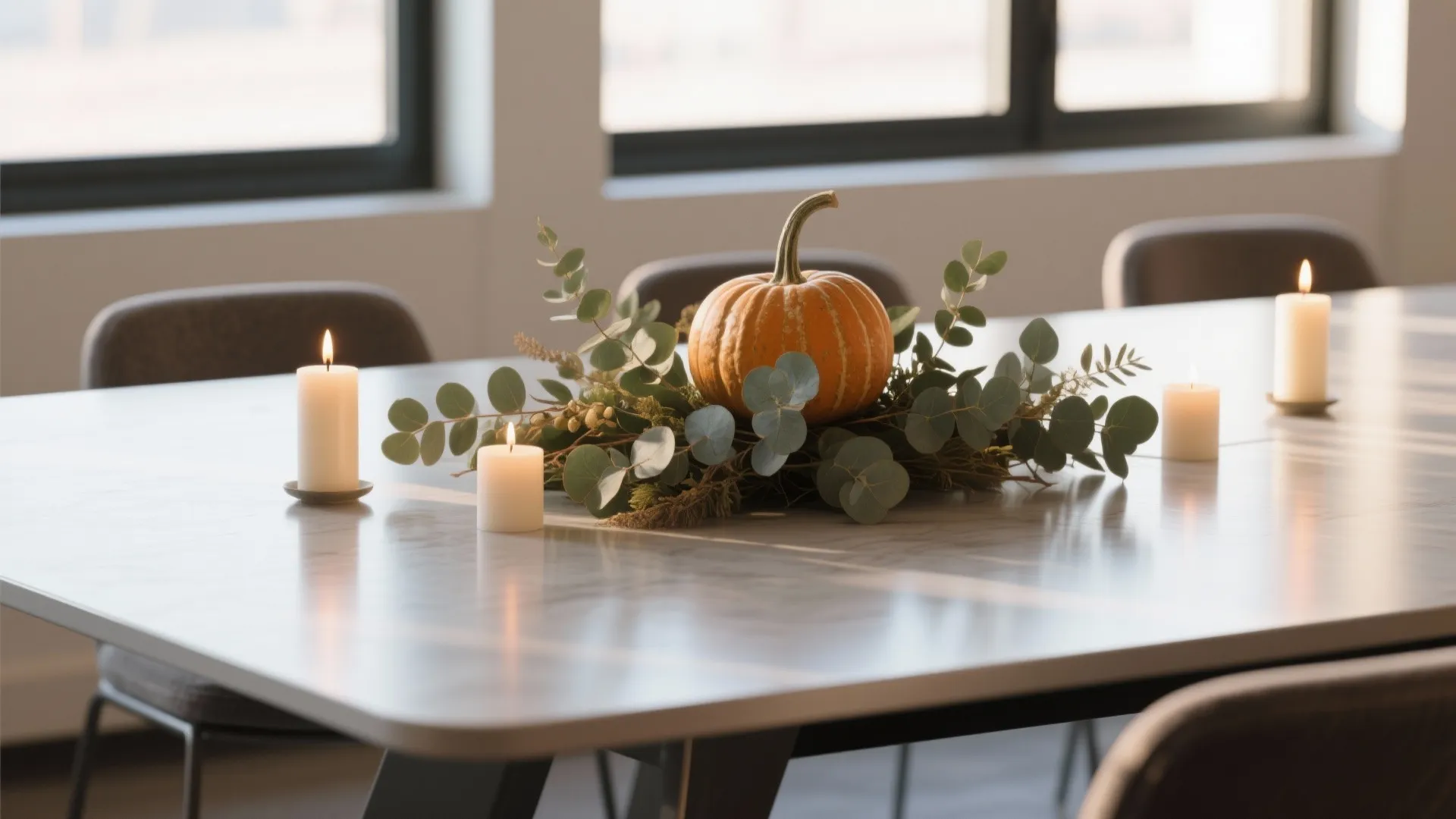 White conference table featuring a pumpkin centerpiece with green leaves and four lit white candles