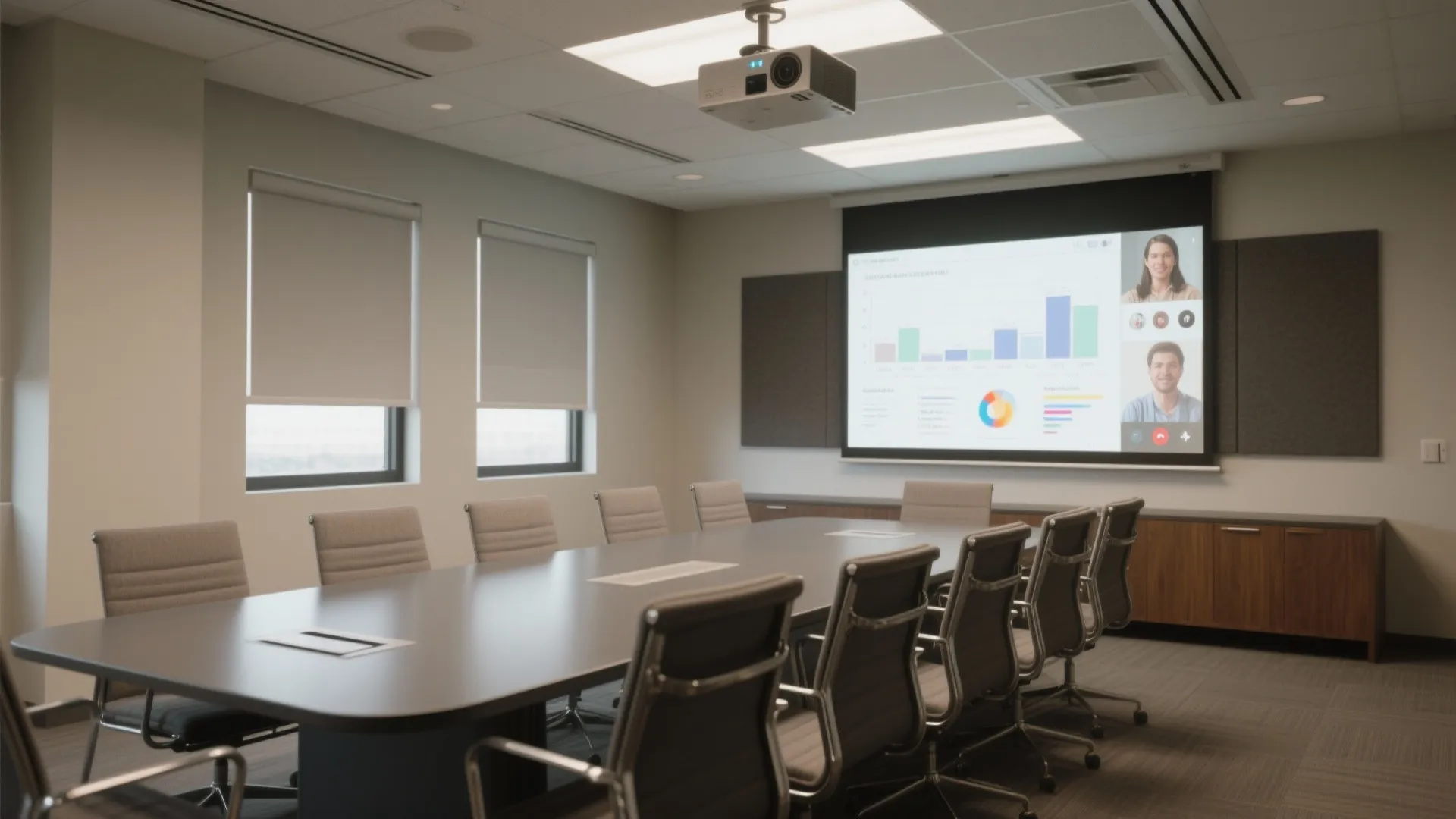 Modern office meeting room with long table grey chairs projector and screen displaying data charts