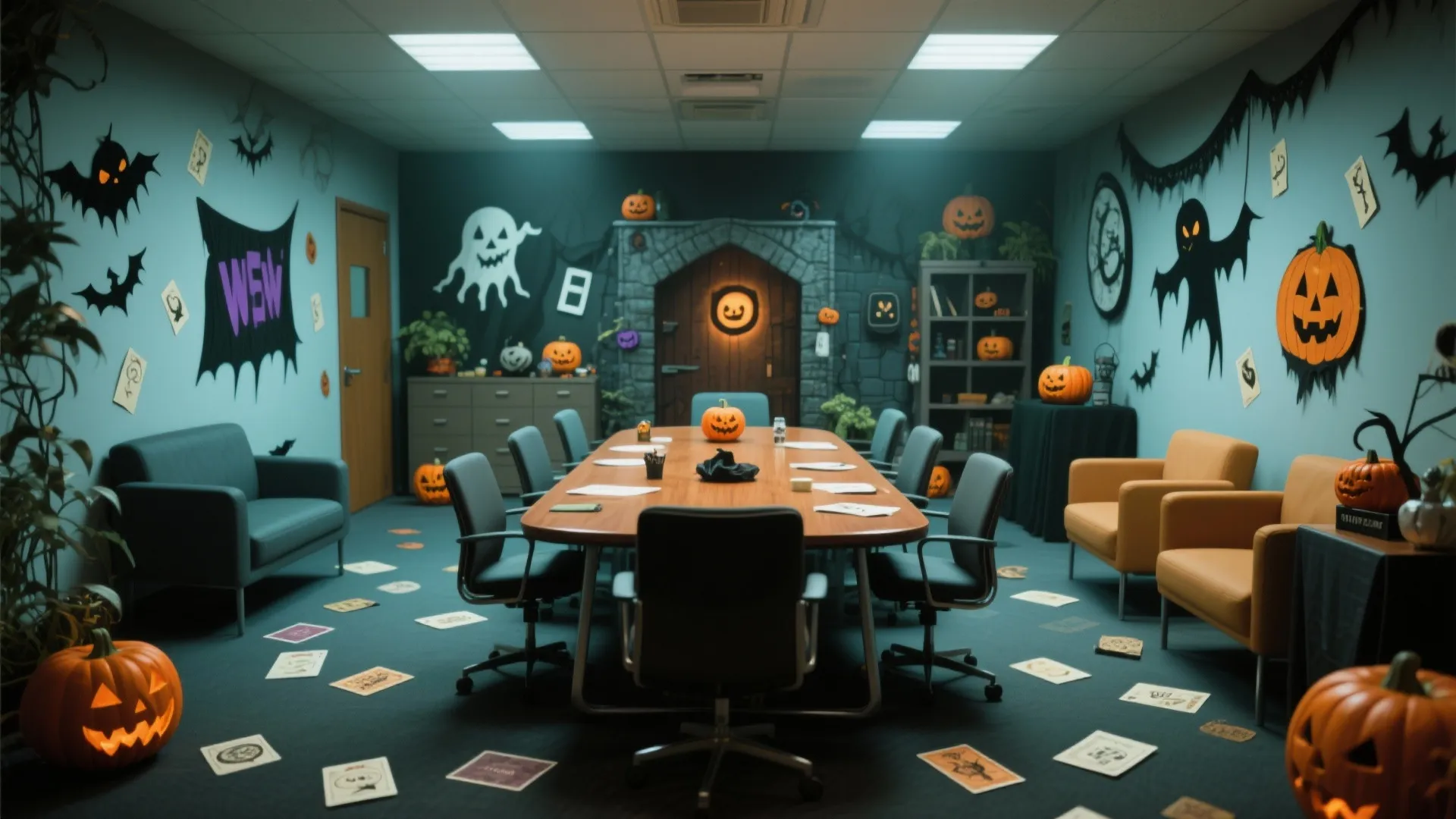 Conference room with Halloween theme featuring ghost wall stickers pumpkins and a large meeting table