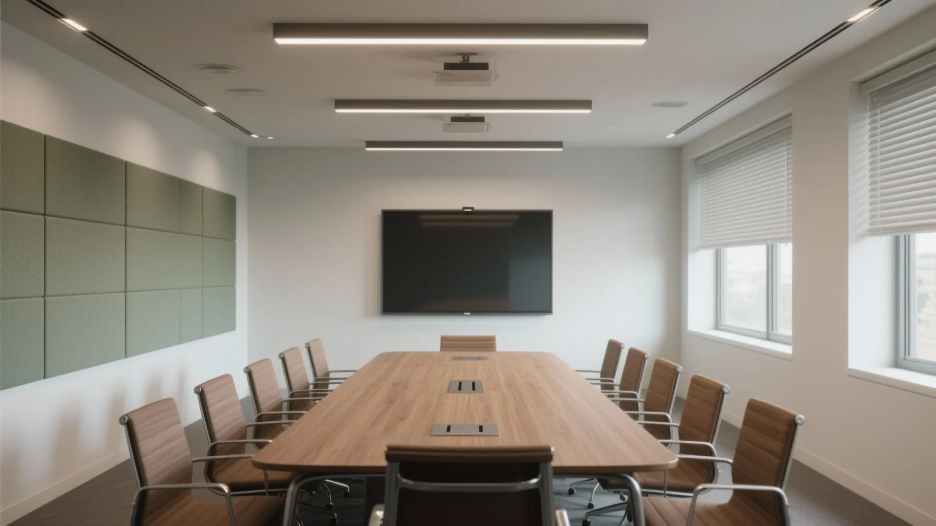 Bright meeting room featuring long wooden table brown chairs large screen and linear ceiling lights