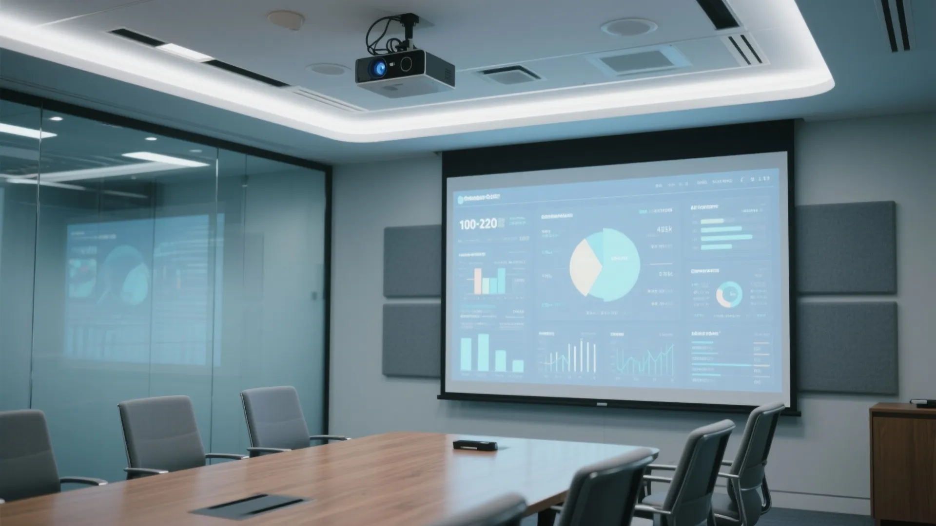 Modern office meeting room with wood table grey chairs projector screen and bright ceiling light