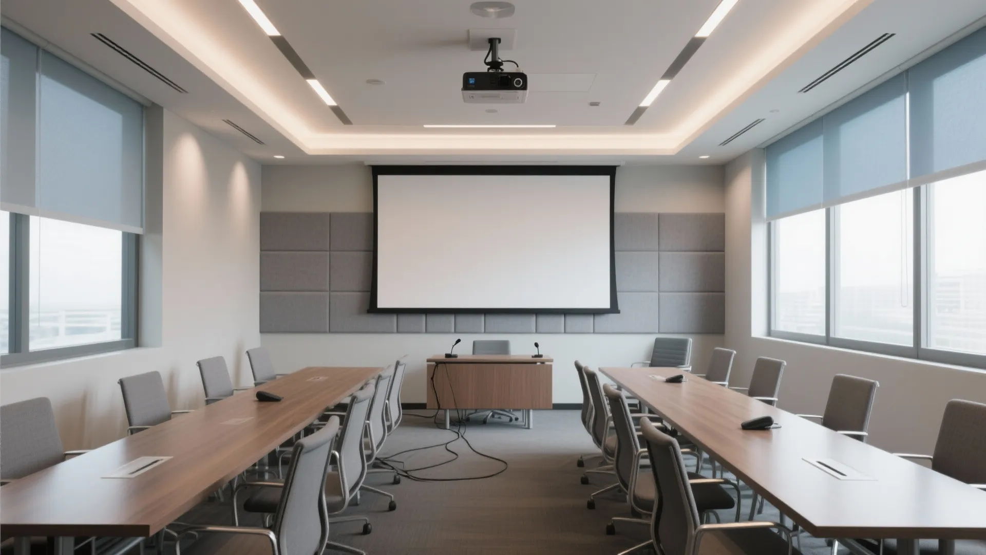 Modern conference room with wooden tables grey chairs white projector screen ceiling light and large windows