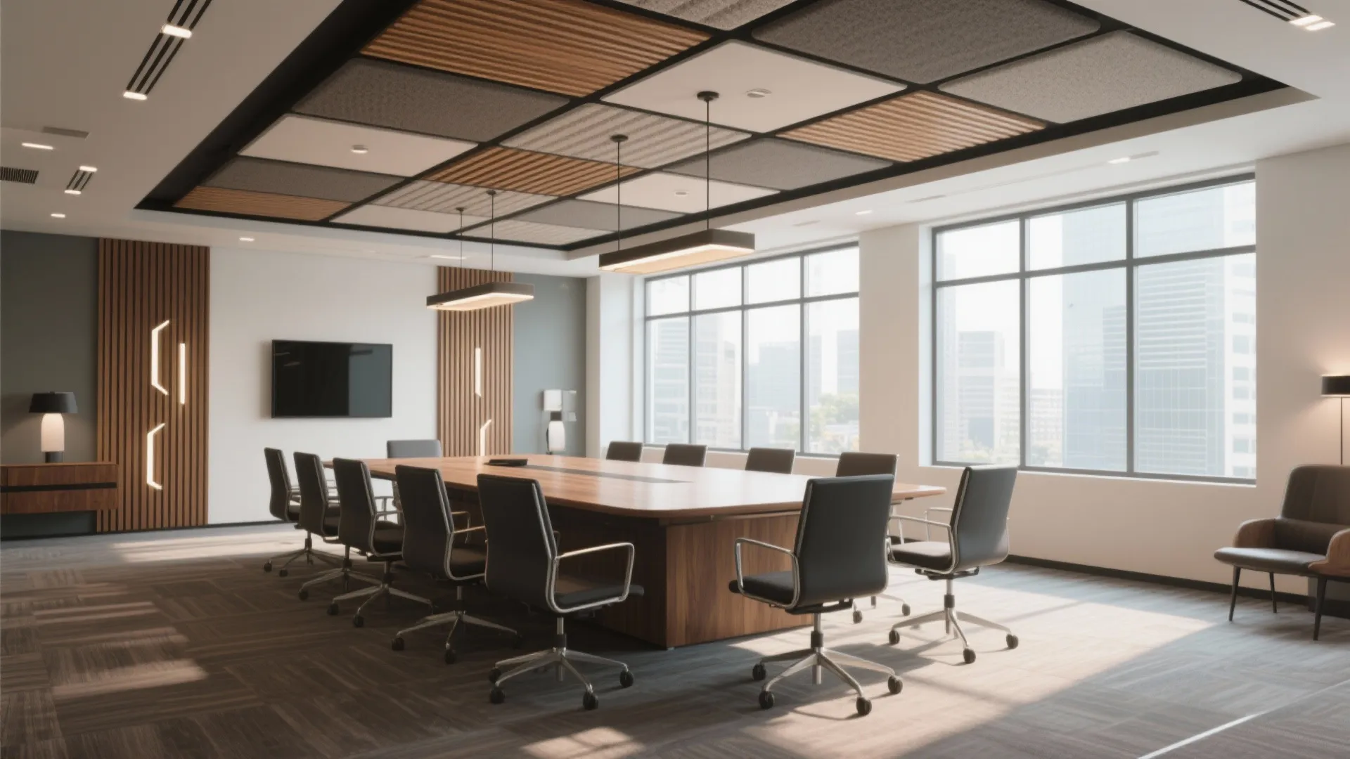 Modern office conference room with long wooden table black chairs large windows and ceiling light