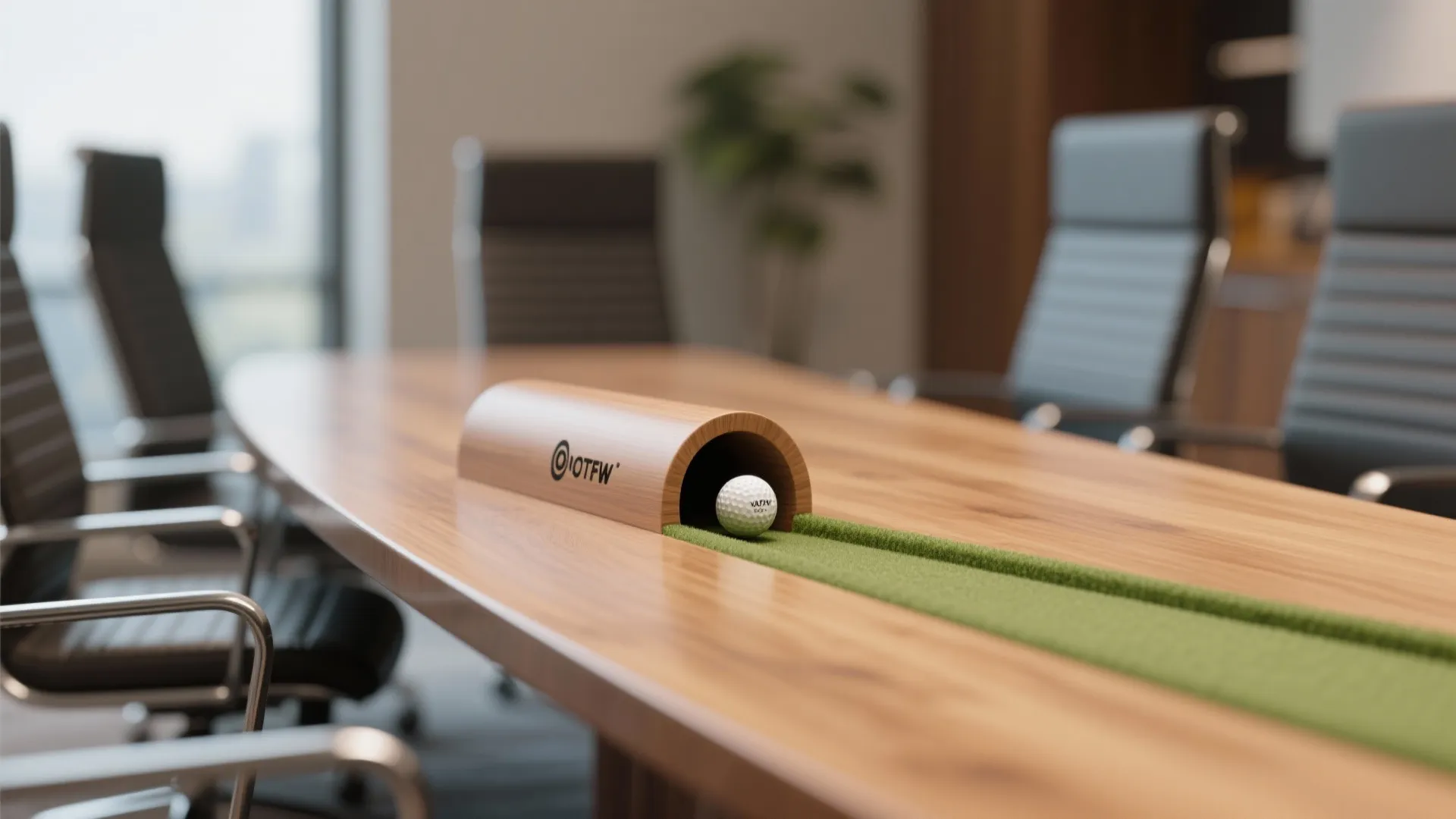 Golf putting green on a wooden conference table in a modern office with black chairs