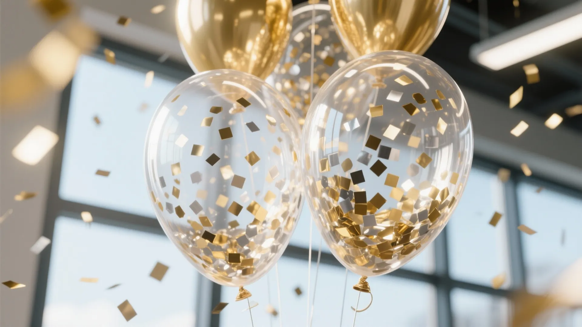 Close up of clear and gold balloons filled with gold paper pieces in bright office space