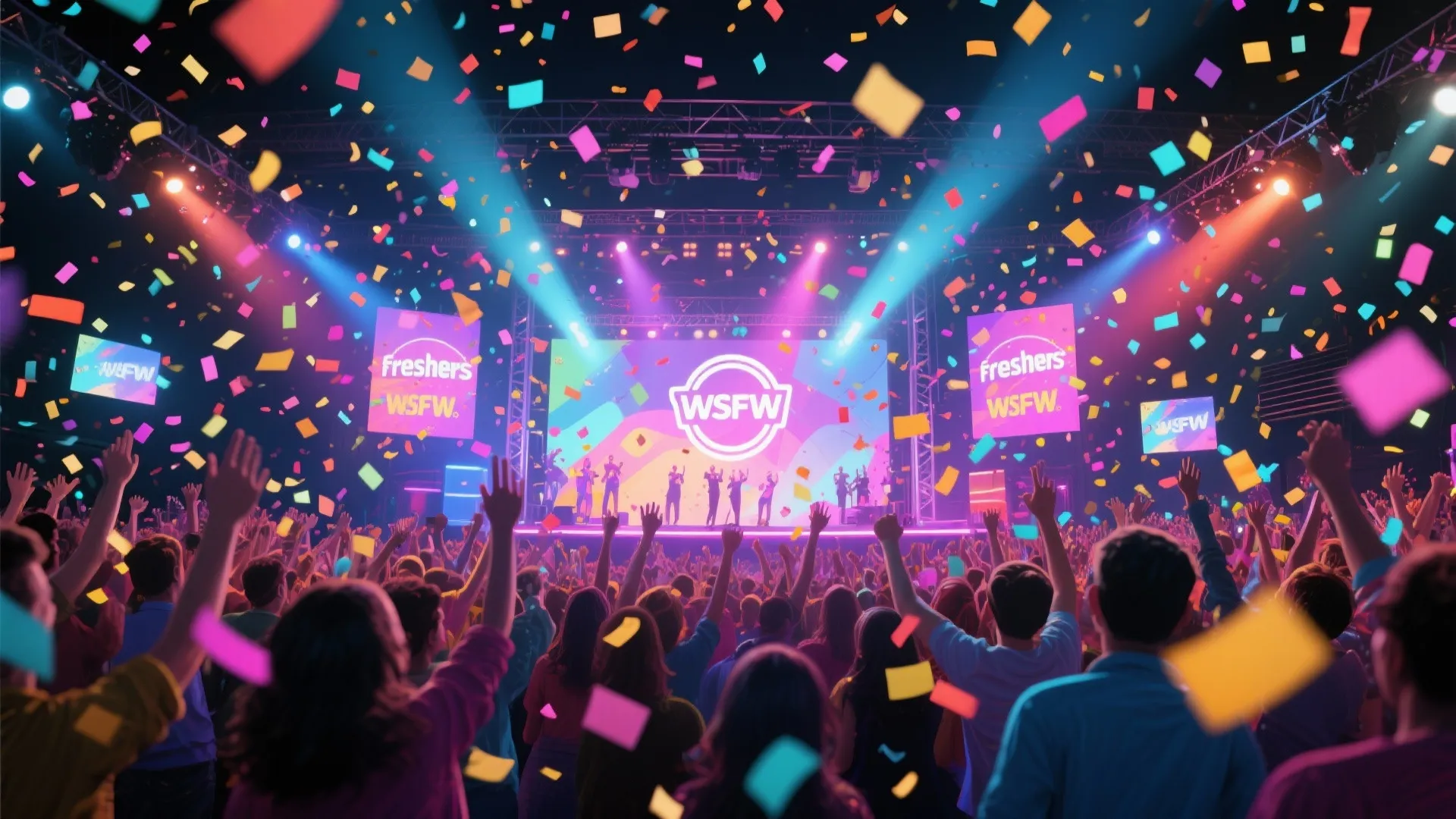 Large crowd at a music concert with colorful confetti falling under bright purple and blue lights