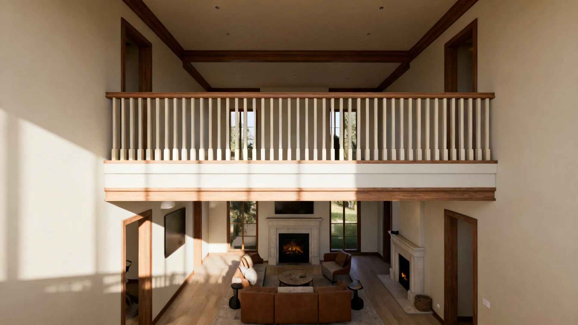 Mezzanine railing and continuous trim visually connecting upstairs and downstairs in a two-story living room