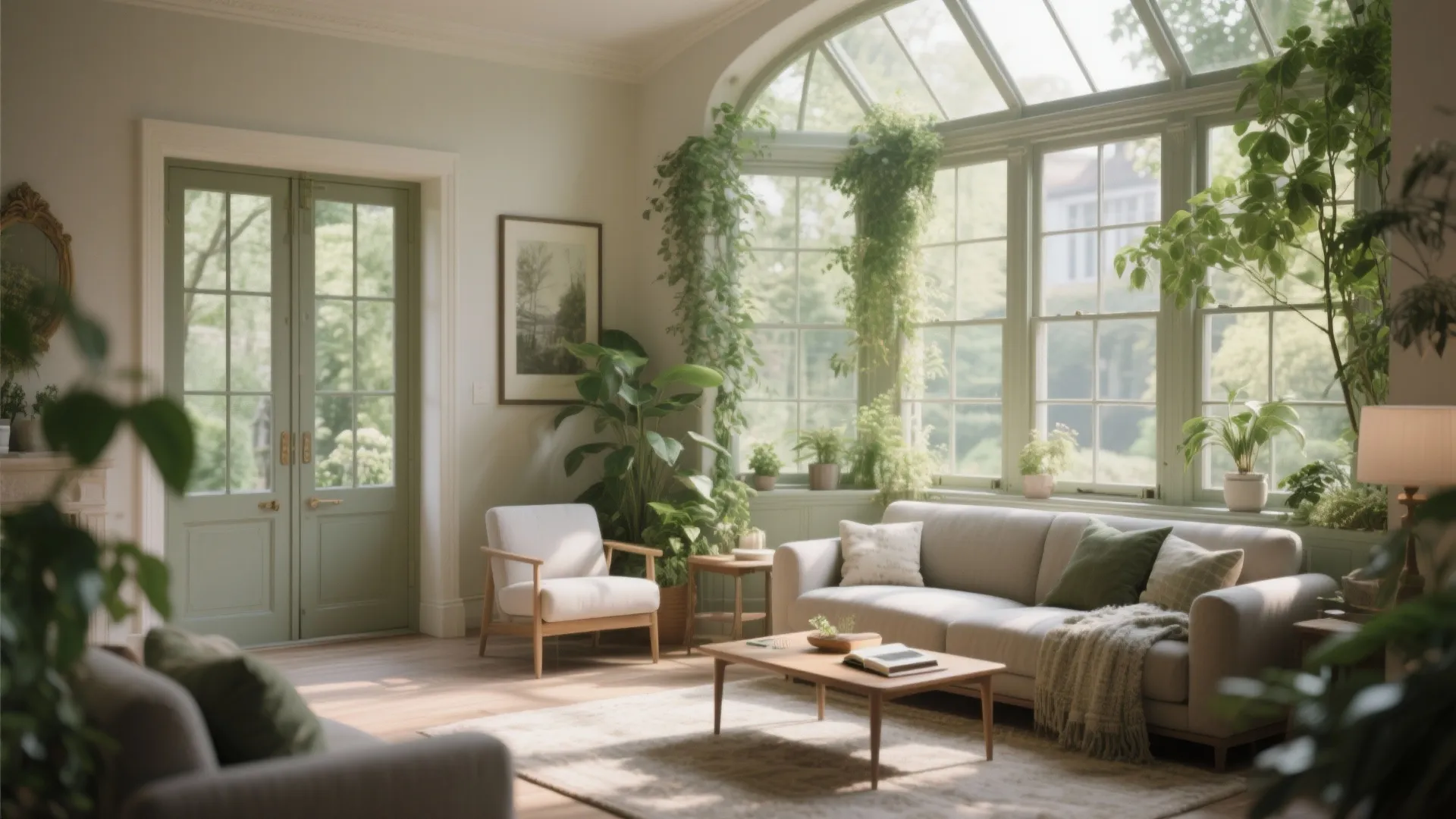Bright sunroom living room with green plants beige sofa wooden floor and large arched windows