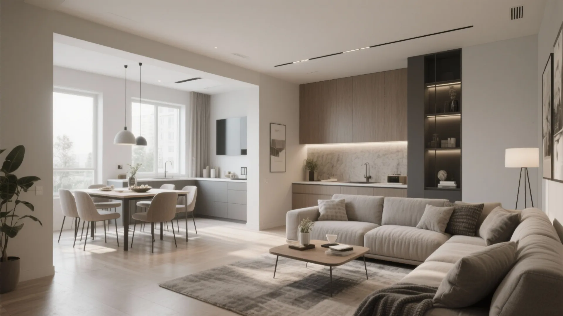 Modern open living area featuring grey sofa wood floor dining table and neutral kitchen cabinets design