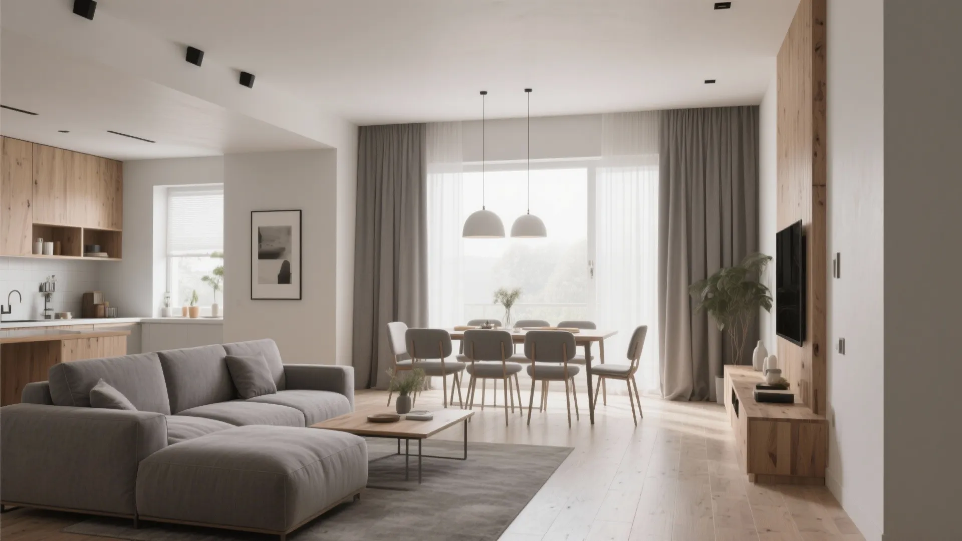 Open plan living room with grey sofa wooden coffee table and white ceiling lights design