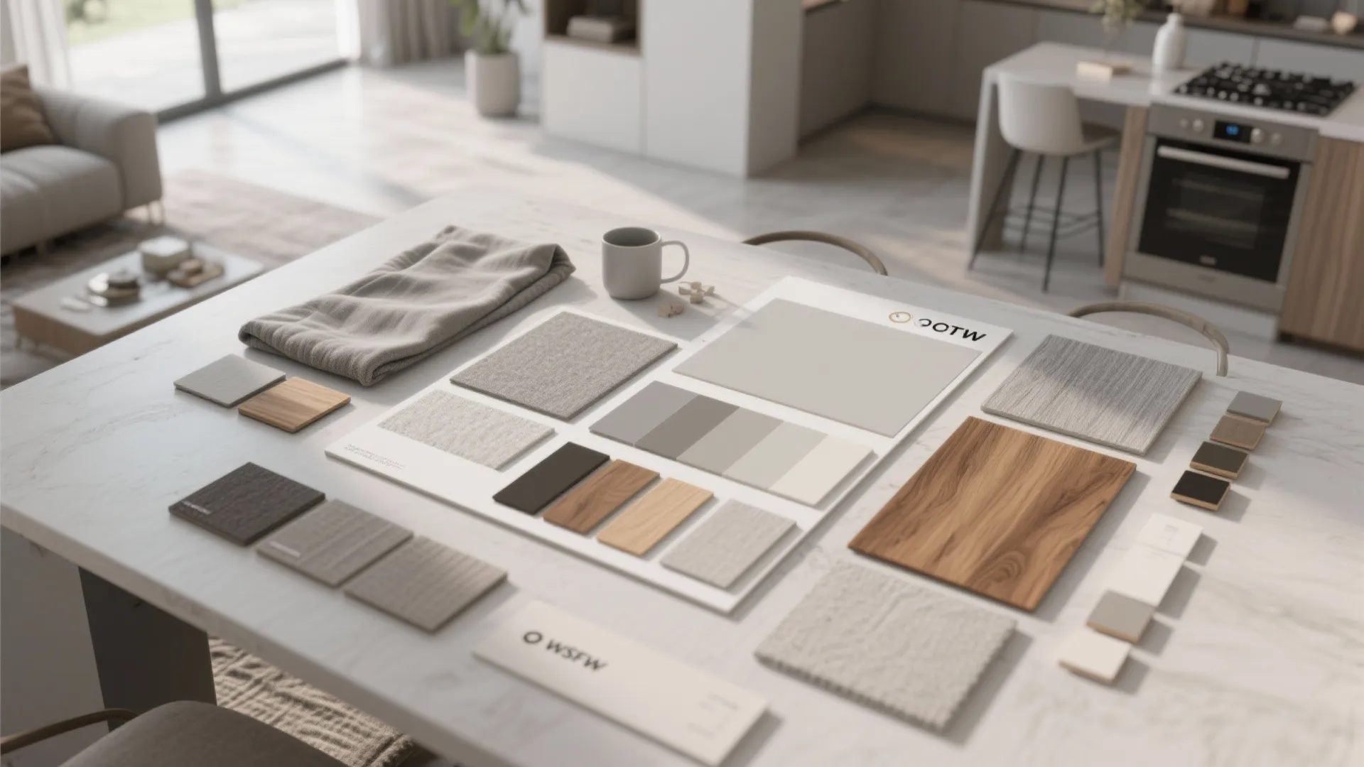 Neutral and wood color palette for open plan interiors
