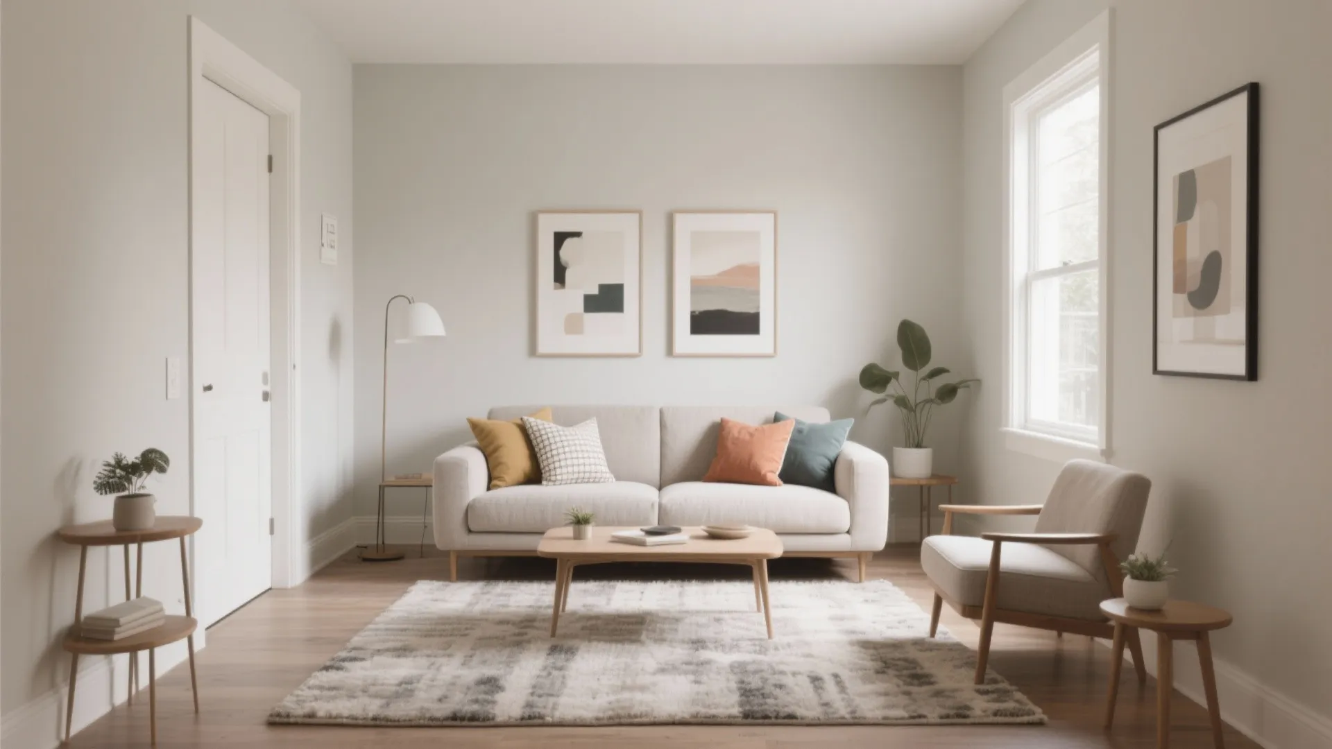 Bright minimalist living room featuring white sofa colorful pillows wooden coffee table and grey patterned rug