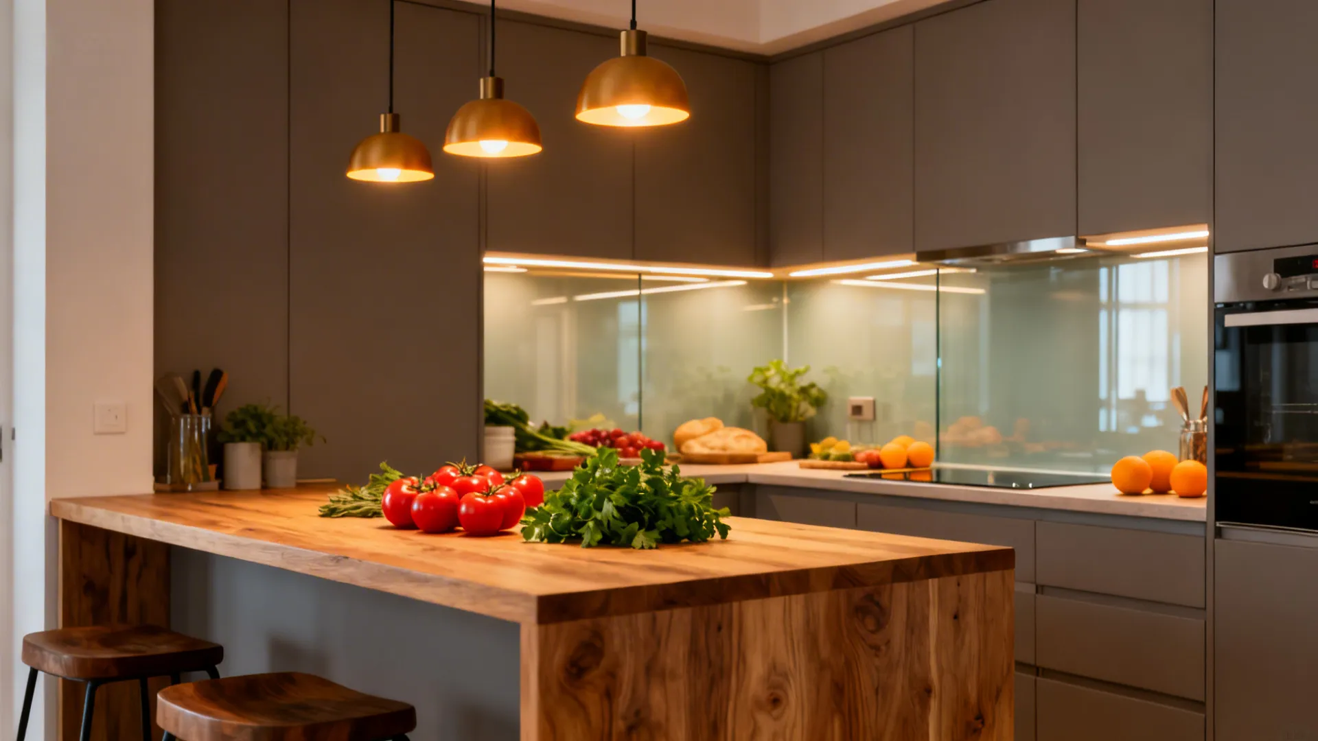 Kitchen with consistent warm 2700–3000K lighting layers and high-CRI rendering of materials.