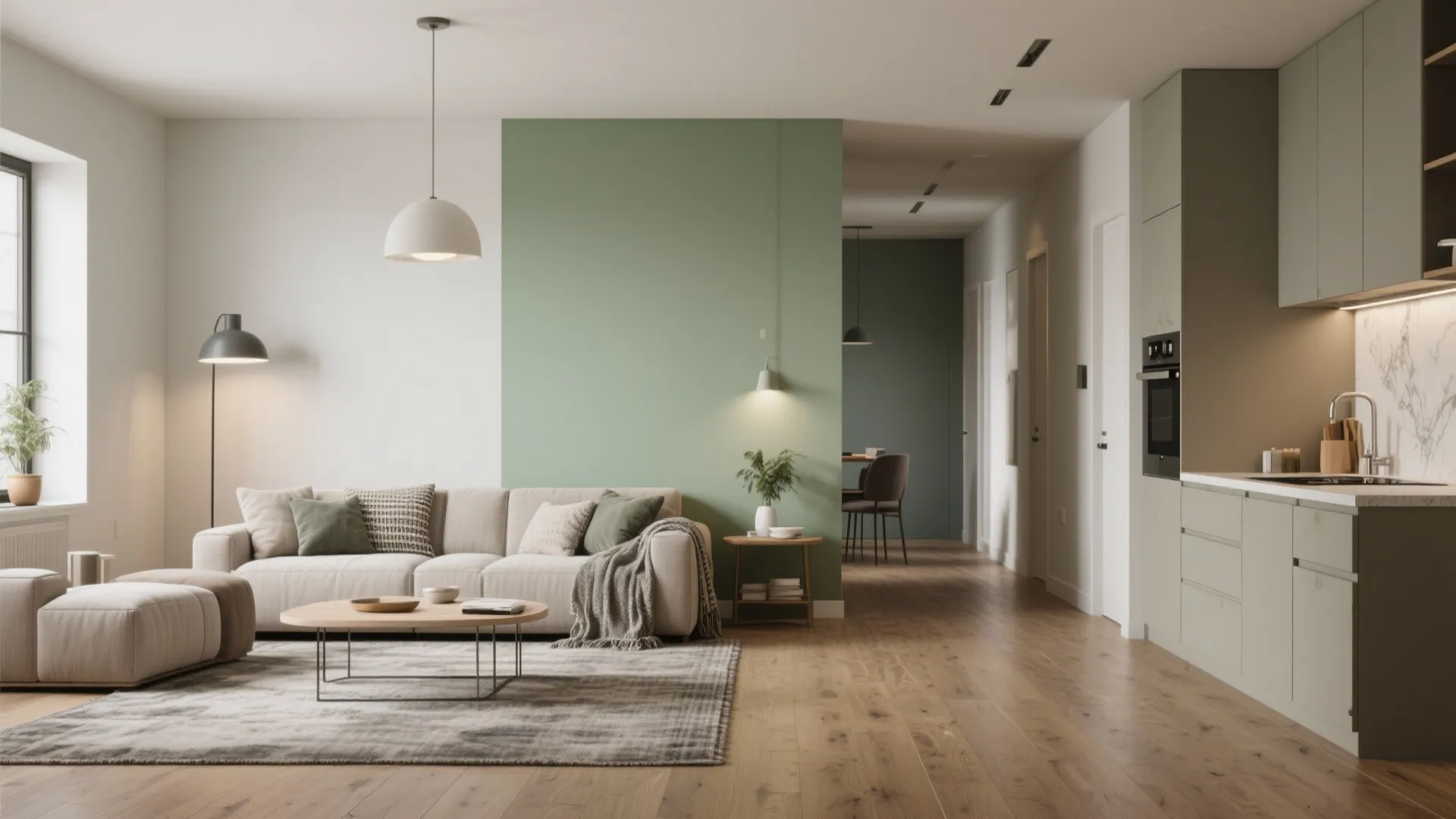 Open plan living room with green wall panel beige sofa wood floor and kitchen cabinets