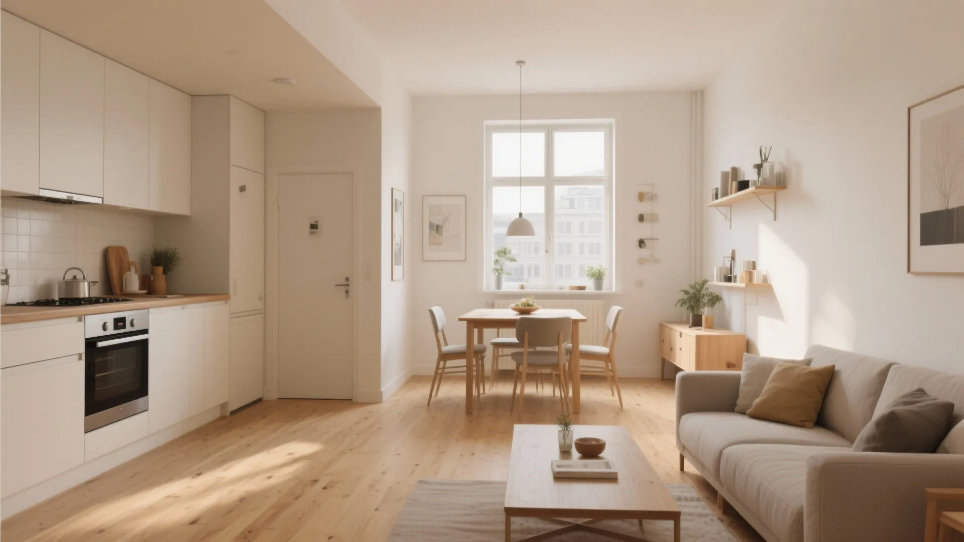 Small open plan home with consistent oak flooring across zones