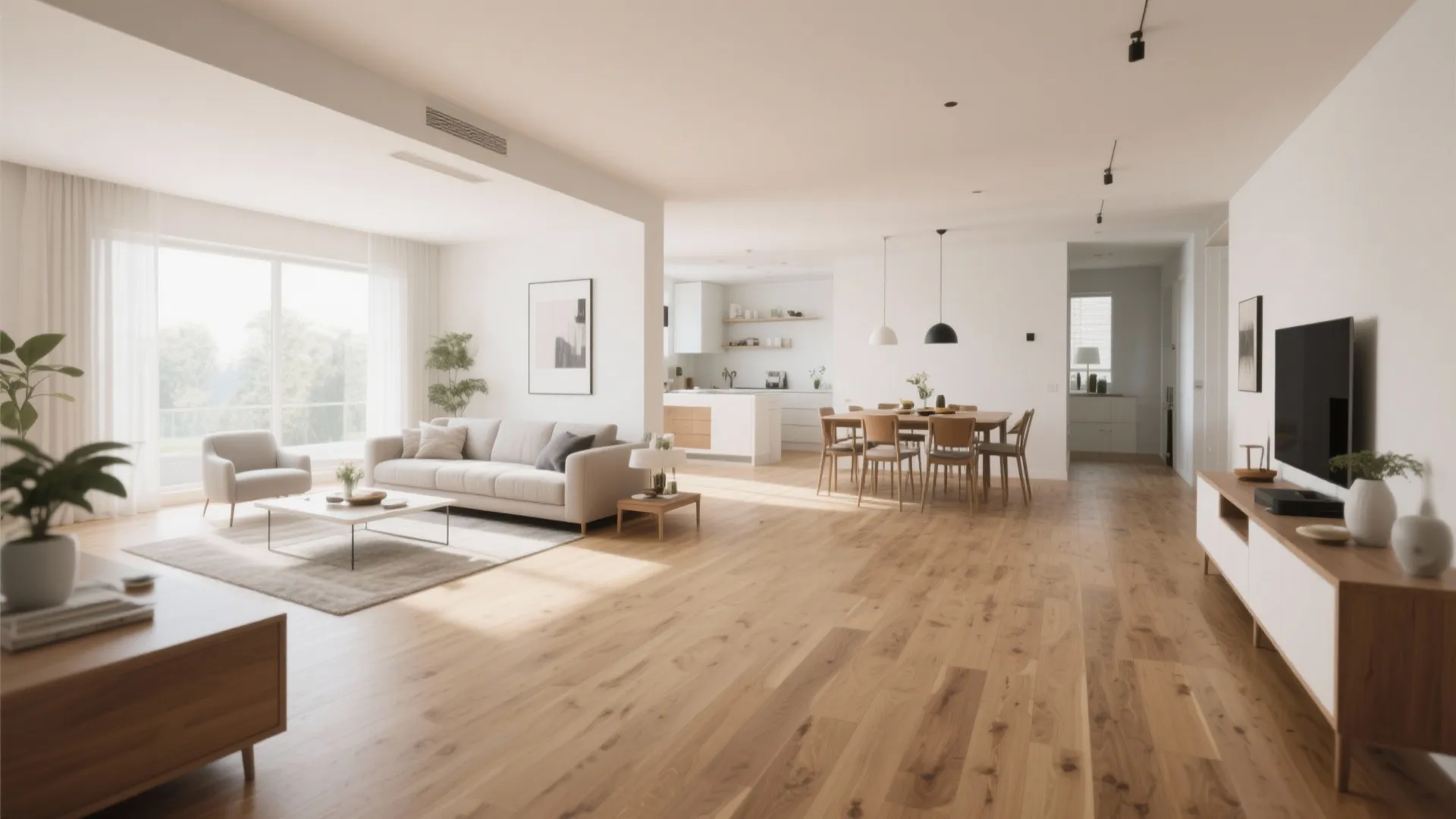 Open plan living area with light wood flooring white walls grey sofa and dining table