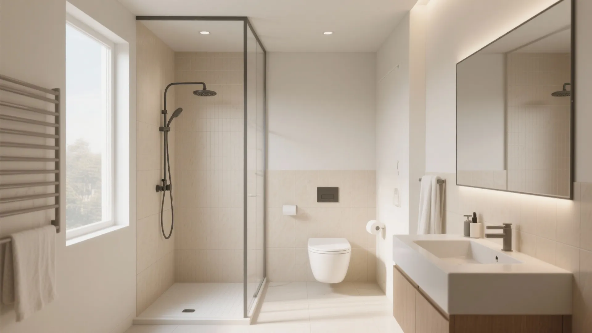 Modern bathroom with glass shower white toilet wood cabinet under white sink mirror and natural