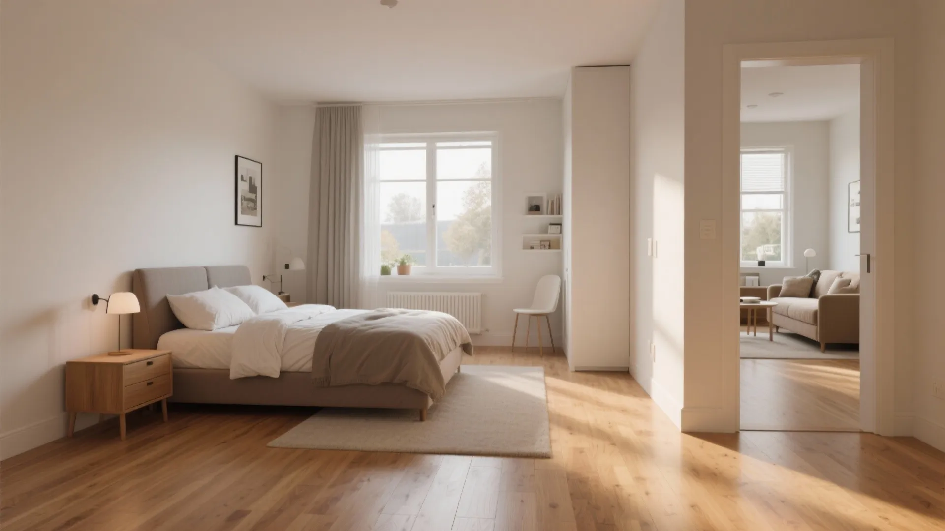 Spacious bedroom with wood flooring leading into a living room with sofa and coffee table view