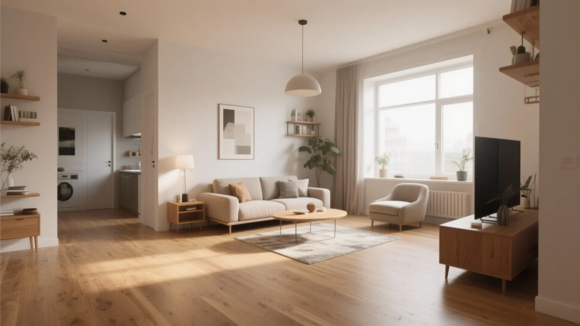 Open plan apartment interior with wooden flooring beige sofa television cabinet and natural window lighting effect