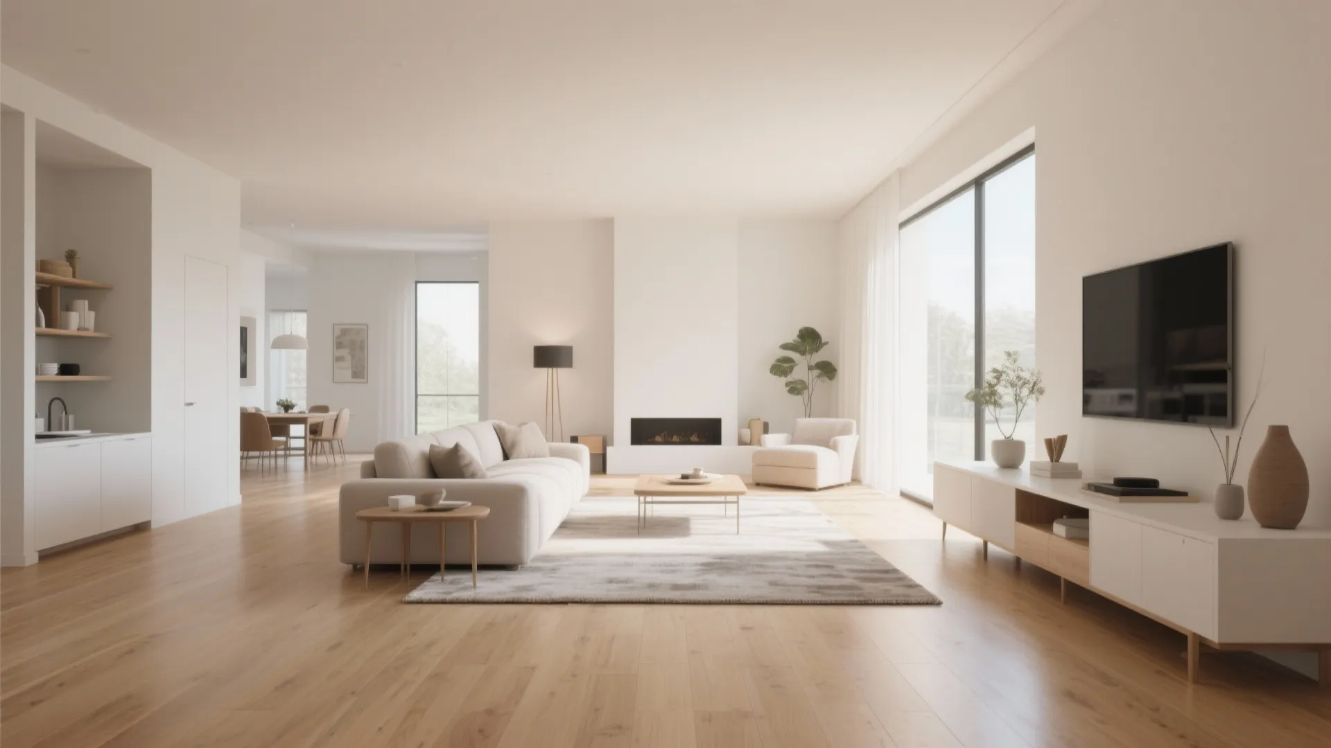 Large open plan living room with consistent wood flooring white walls and a white sofa