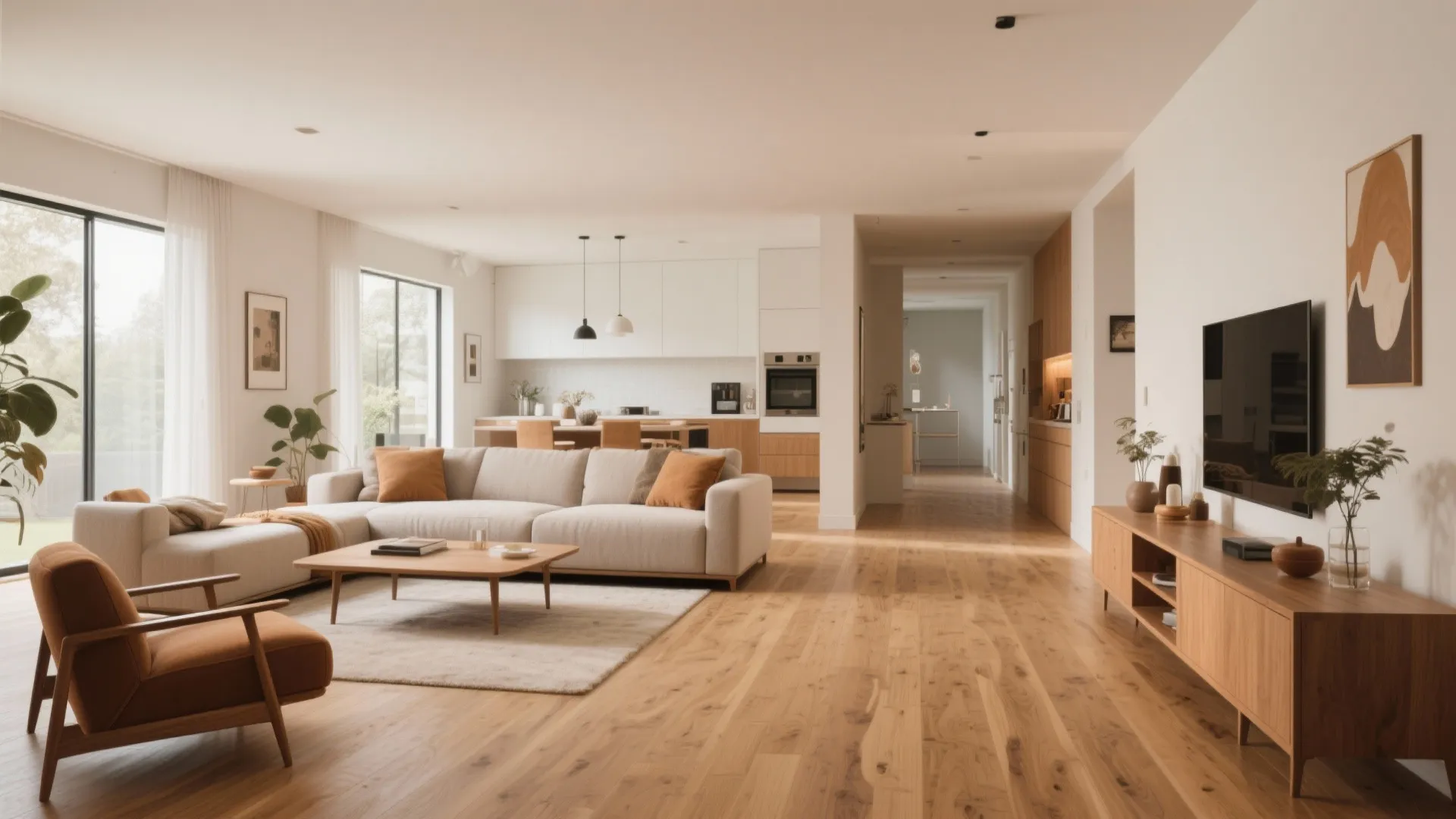 Modern open plan home with wooden floor connecting living room dining area and white kitchen space
