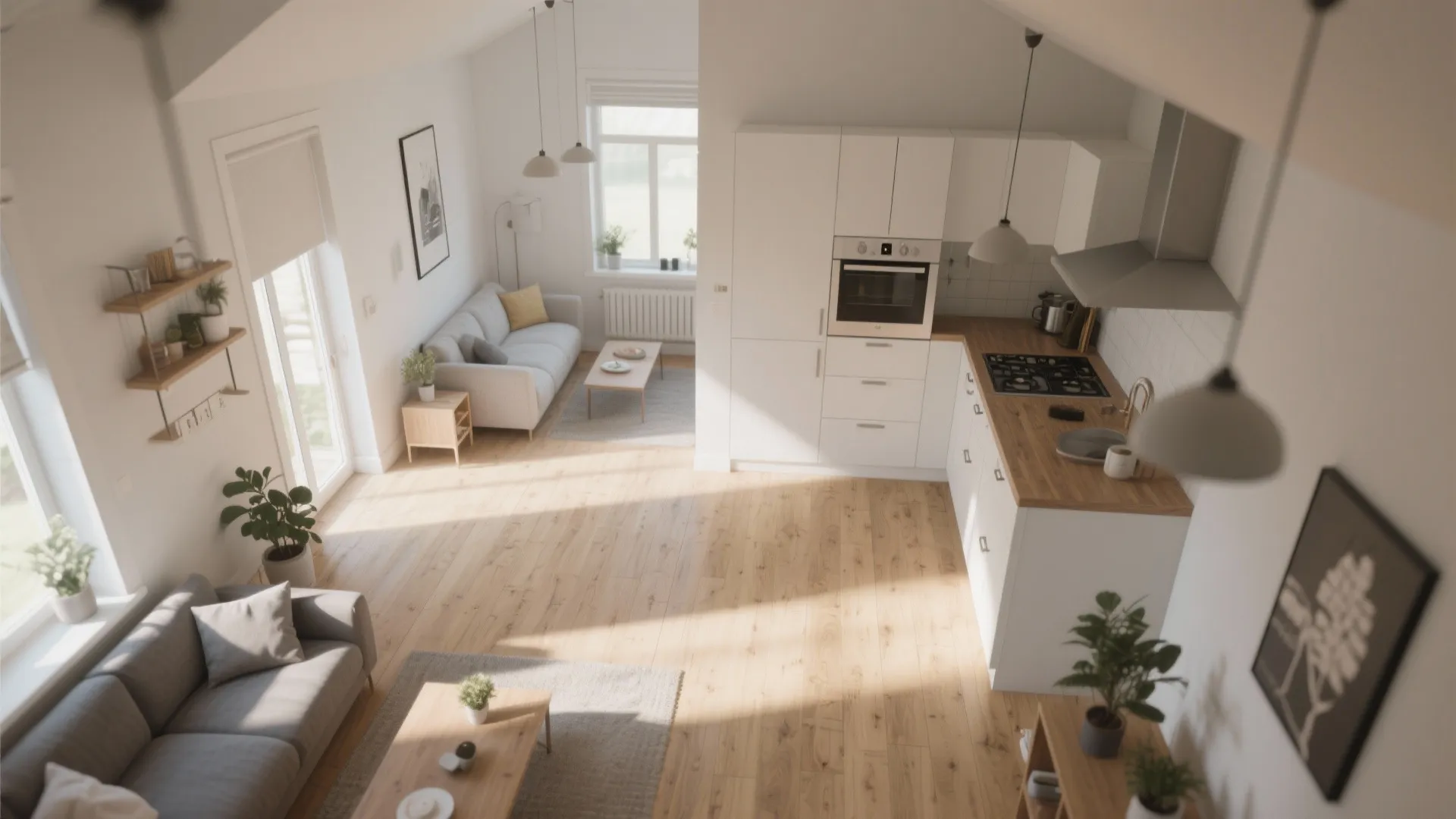 Bright open living room and kitchen area featuring consistent light wood flooring and white cabinets