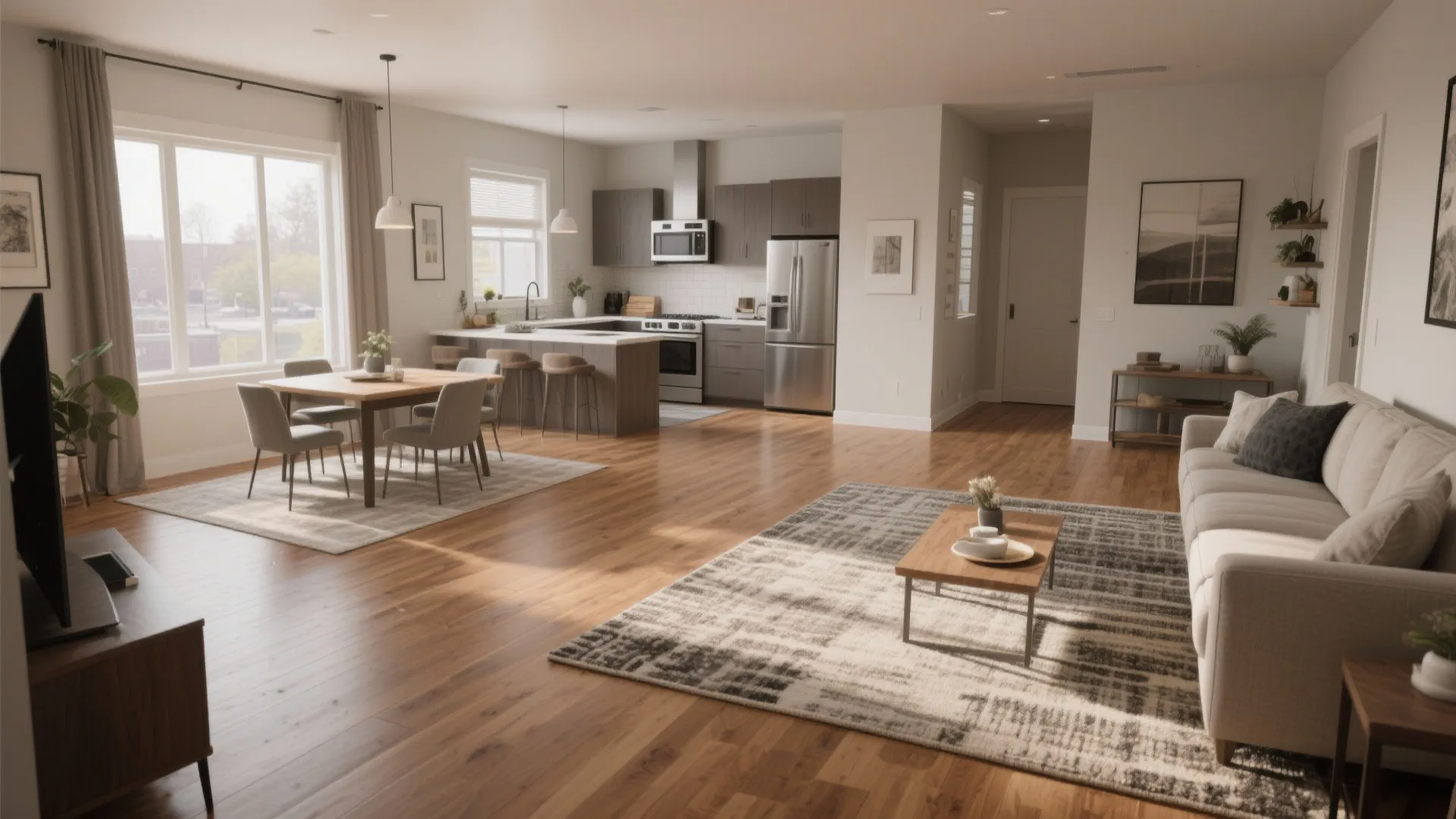 5. Define flow with consistent flooring and subtle rugs