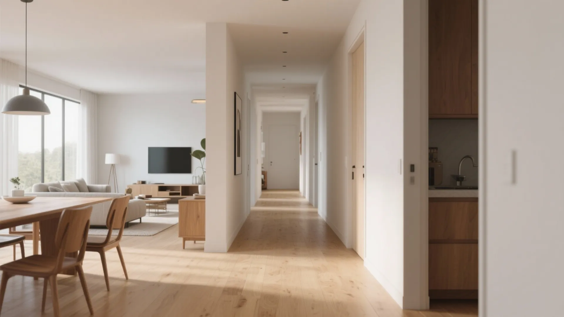 Modern open home interior with wooden floors connecting the dining area hallway and living room