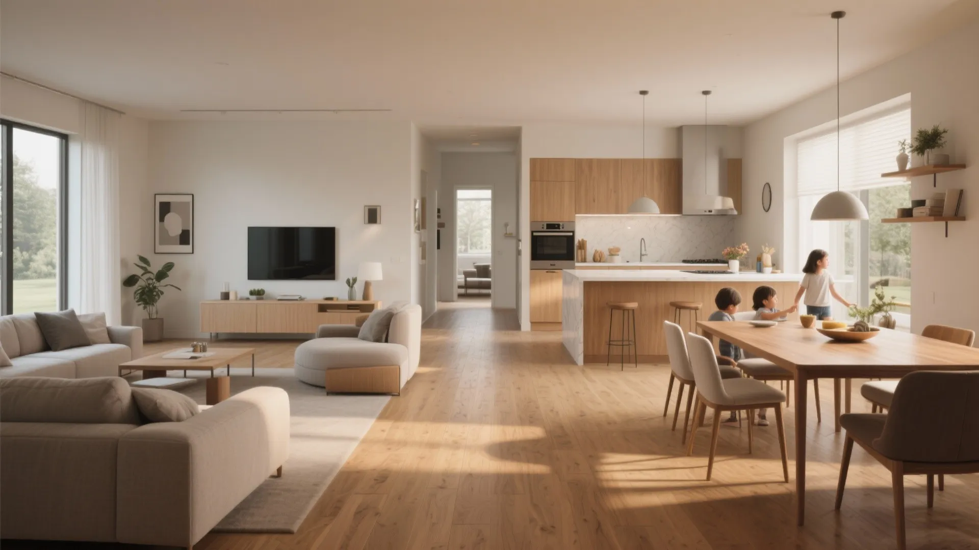 Spacious open living area with wood floor neutral sofas dining table and large kitchen island