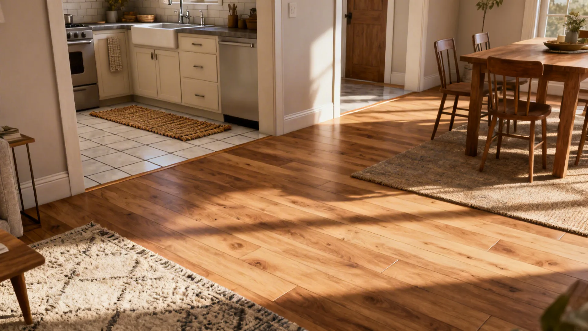 Continuous engineered wood flooring unifies kitchen, dining and living with rugs marking zones.