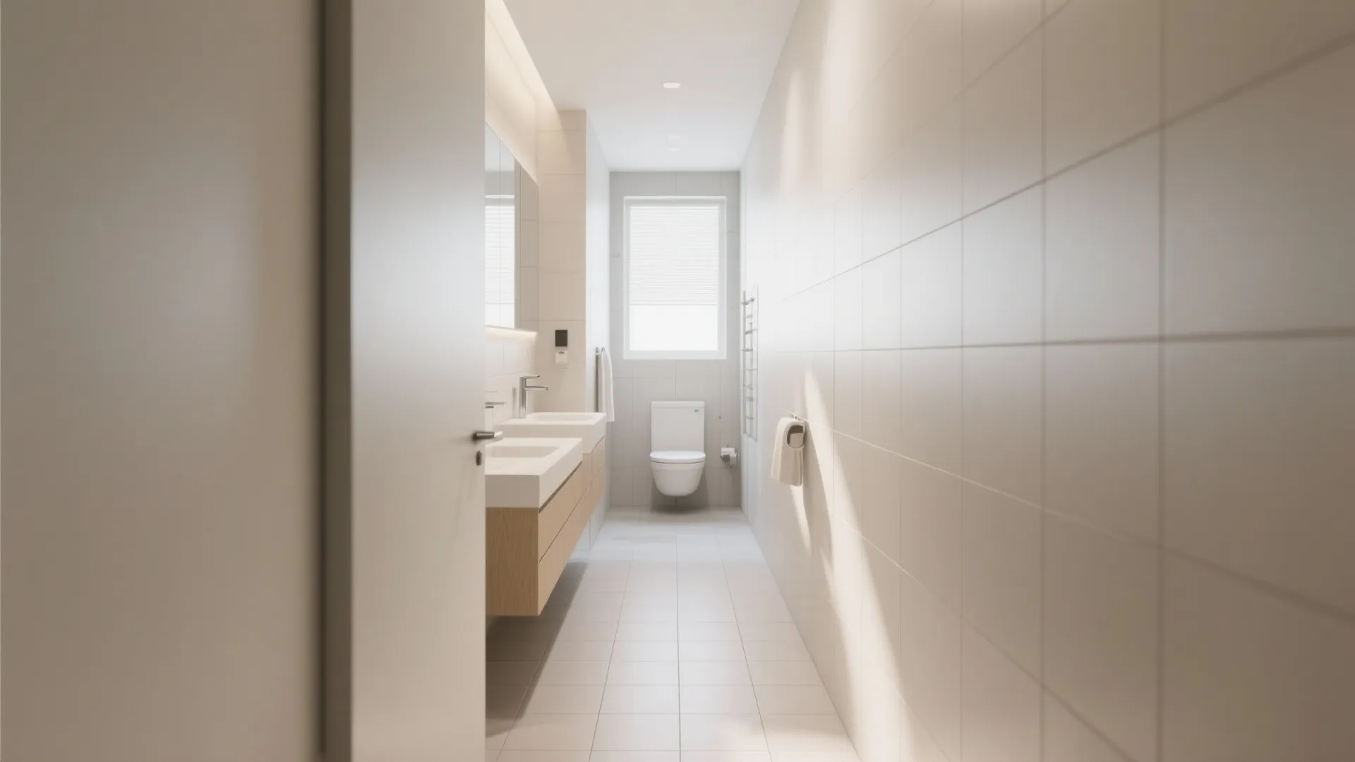 Modern narrow bathroom with double wooden vanity white tiled walls and a toilet at the end
