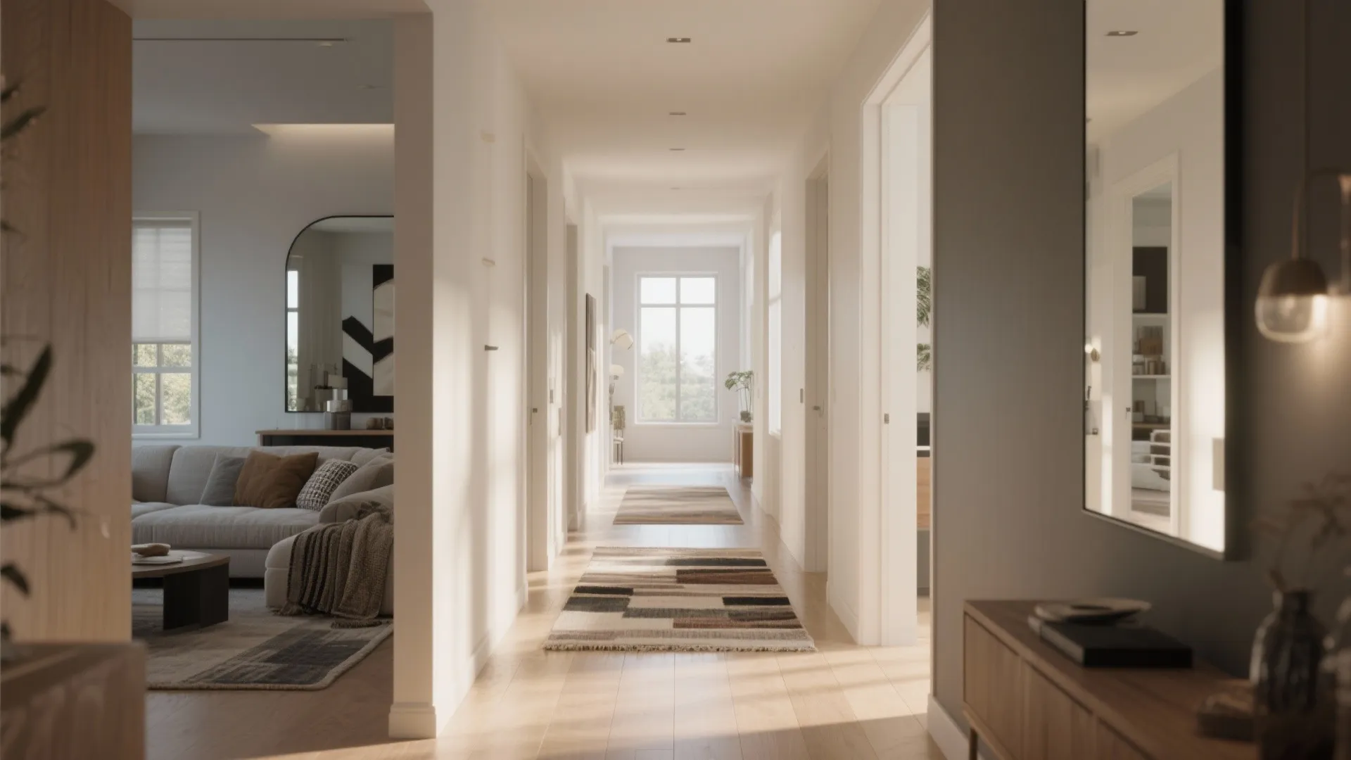 Consistent flooring and a large mirror amplify light and unify apartment spaces