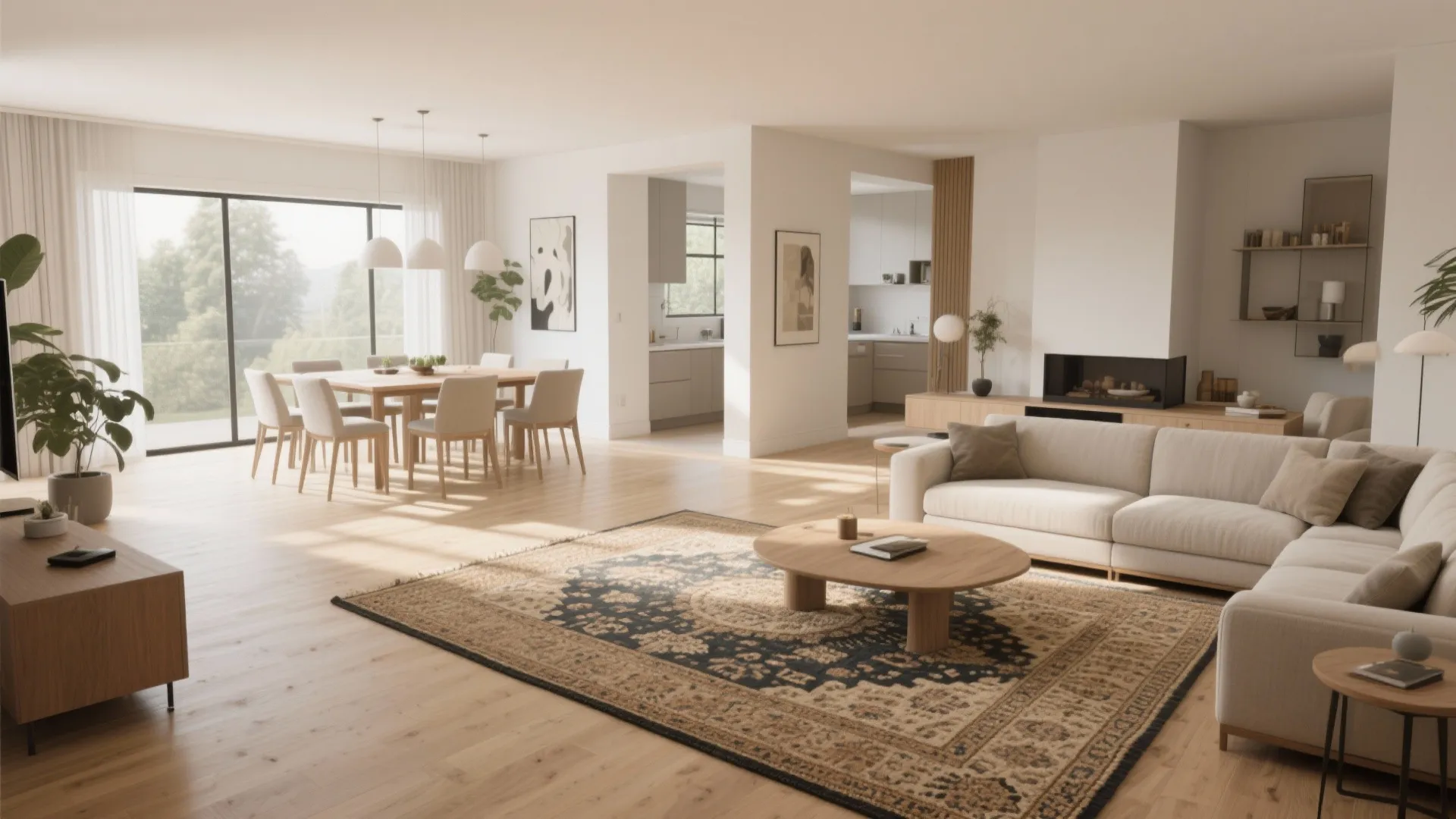 Spacious living area with patterned rug cream sofa dining set and large window with natural light
