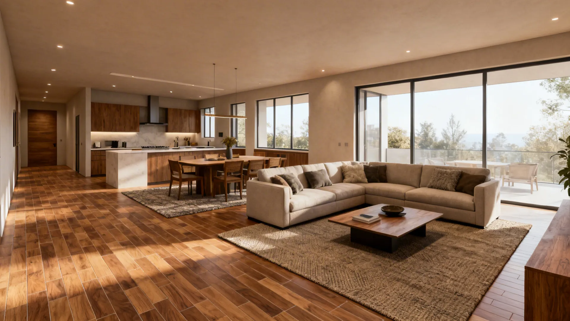 Continuous wood-look tile flooring with subtle rugs defining seating and dining zones in an open plan.